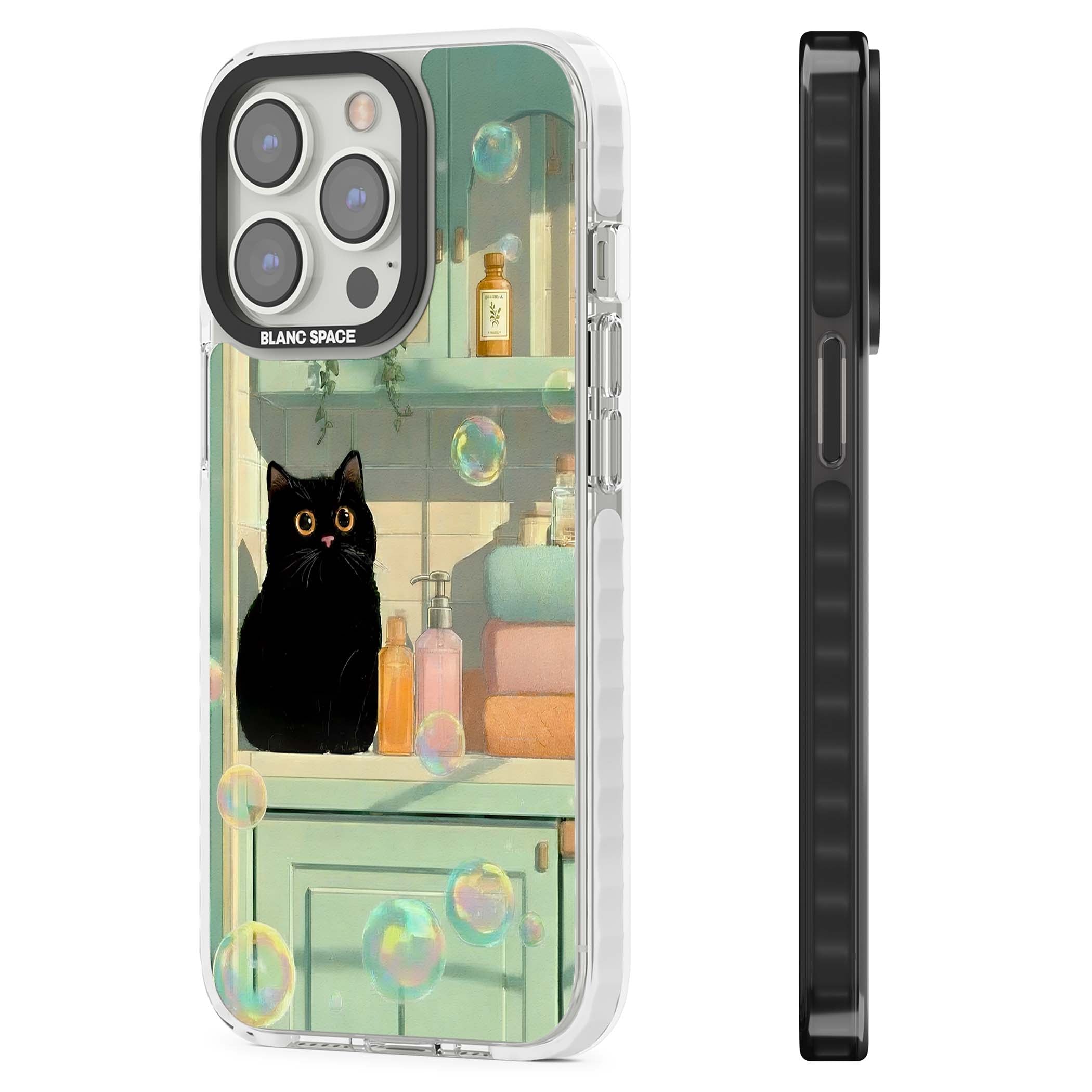 Bathroom Bubble Kitty cottagecore iPhone case featuring a black cat, mint bathroom scene and floating soap bubbles | Impact Magsafe case for iPhone 13 Pro, iPhone 14 Pro, iPhone 15 Pro
