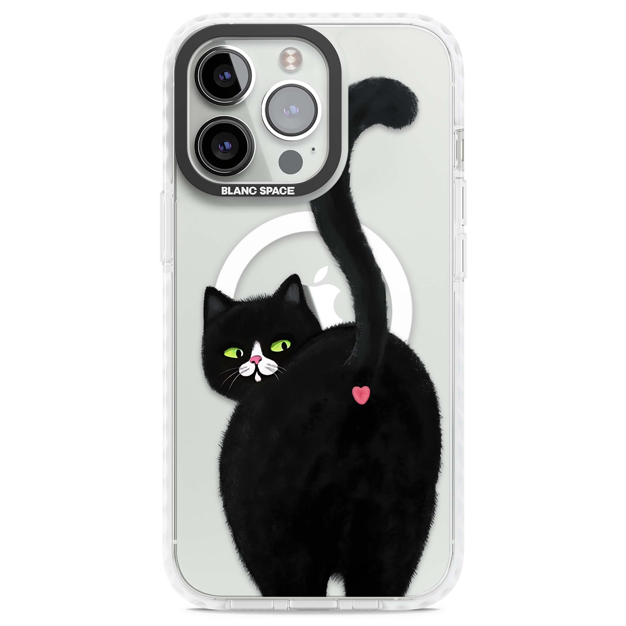 The Cat's Kiss cute cat iPhone case featuring a hand-painted tuxedo kitty with green eyes and a pink heart on a clear | Impact Magsafe case for iPhone 13 Pro, iPhone 14 Pro, iPhone 15 Pro