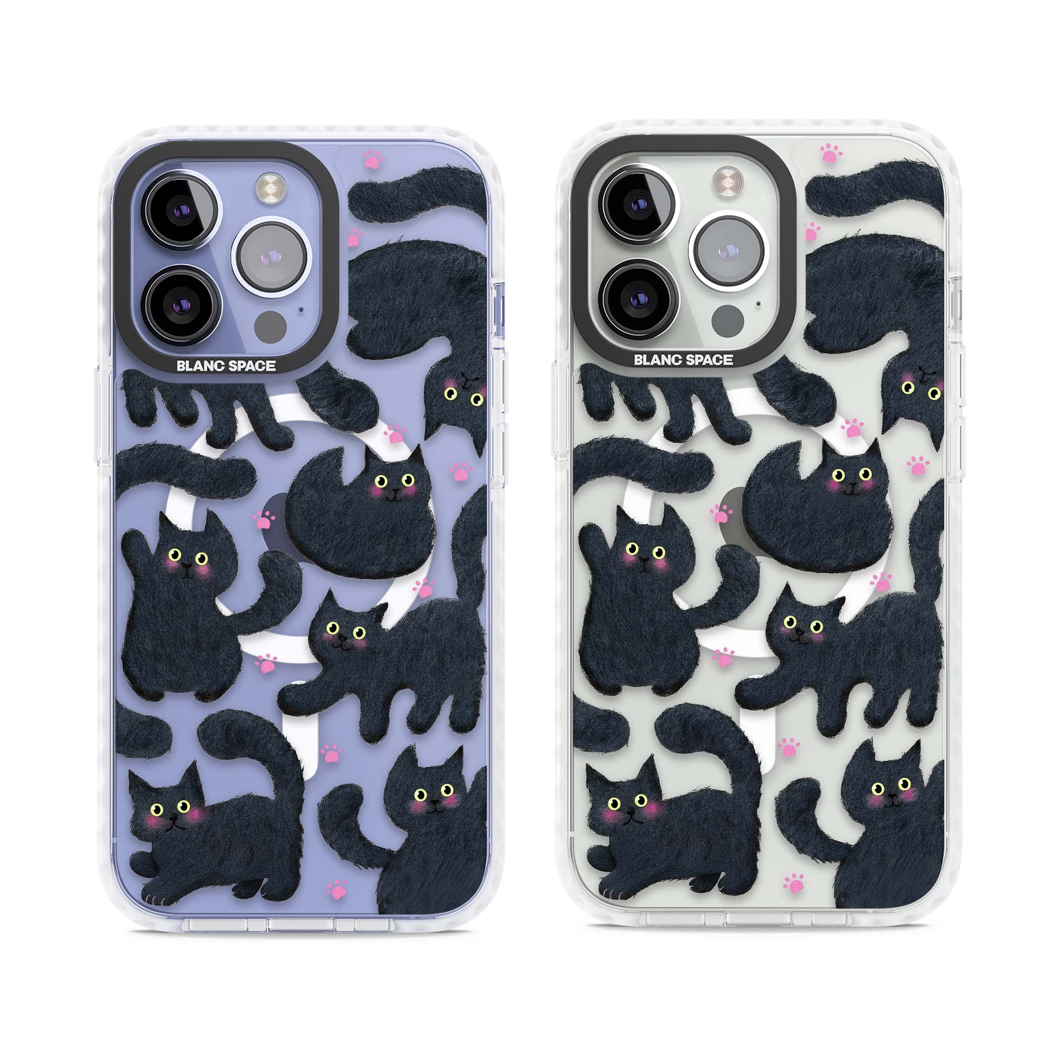 Midnight Cats cute iPhone case featuring black cat pattern with yellow eyes and pink paw prints | Impact Magsafe case for iPhone 13 Pro, iPhone 14 Pro, iPhone 15 Pro