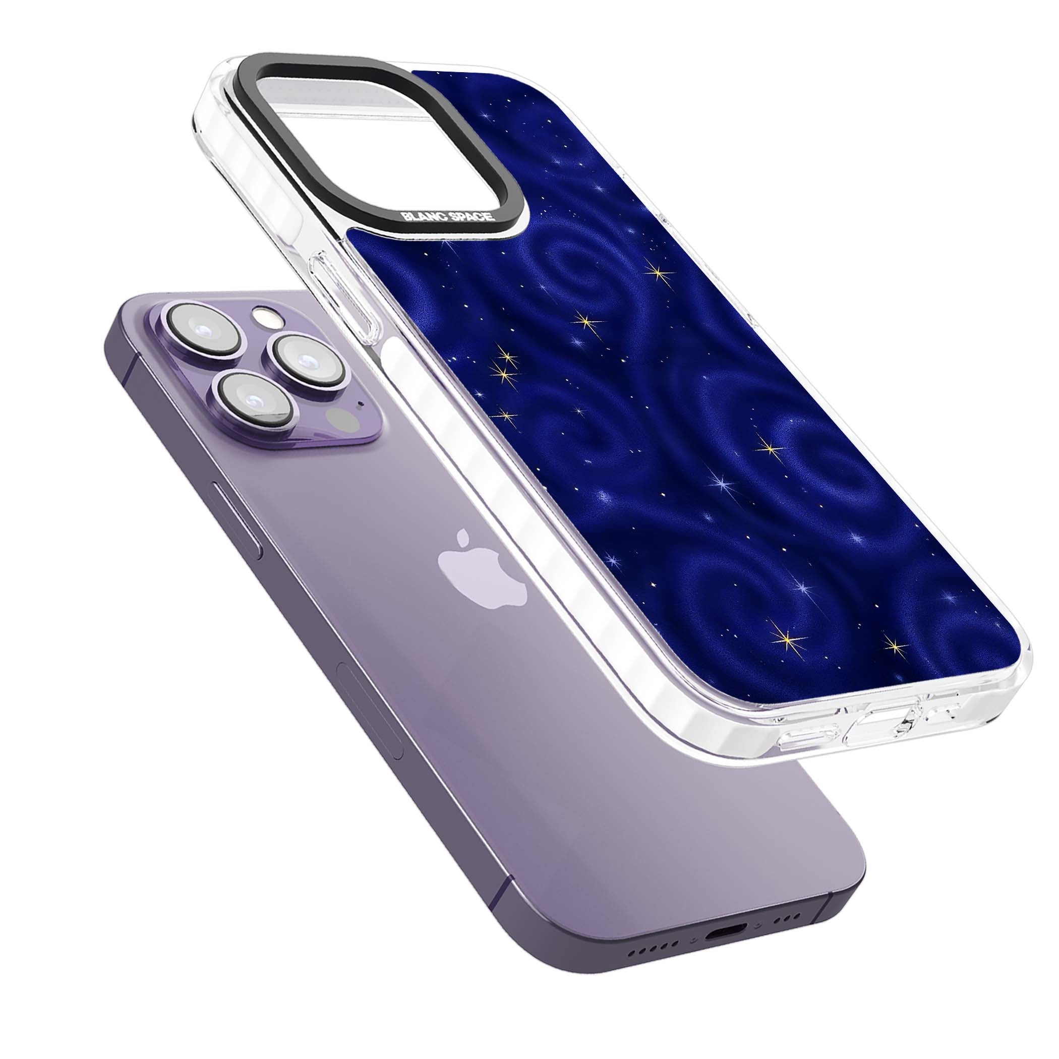 Indigo Cosmos celestial iPhone case featuring swirling navy night sky and sparkling golden stars | Impact Magsafe case for iPhone 13 Pro, iPhone 14 Pro, iPhone 15 Pro