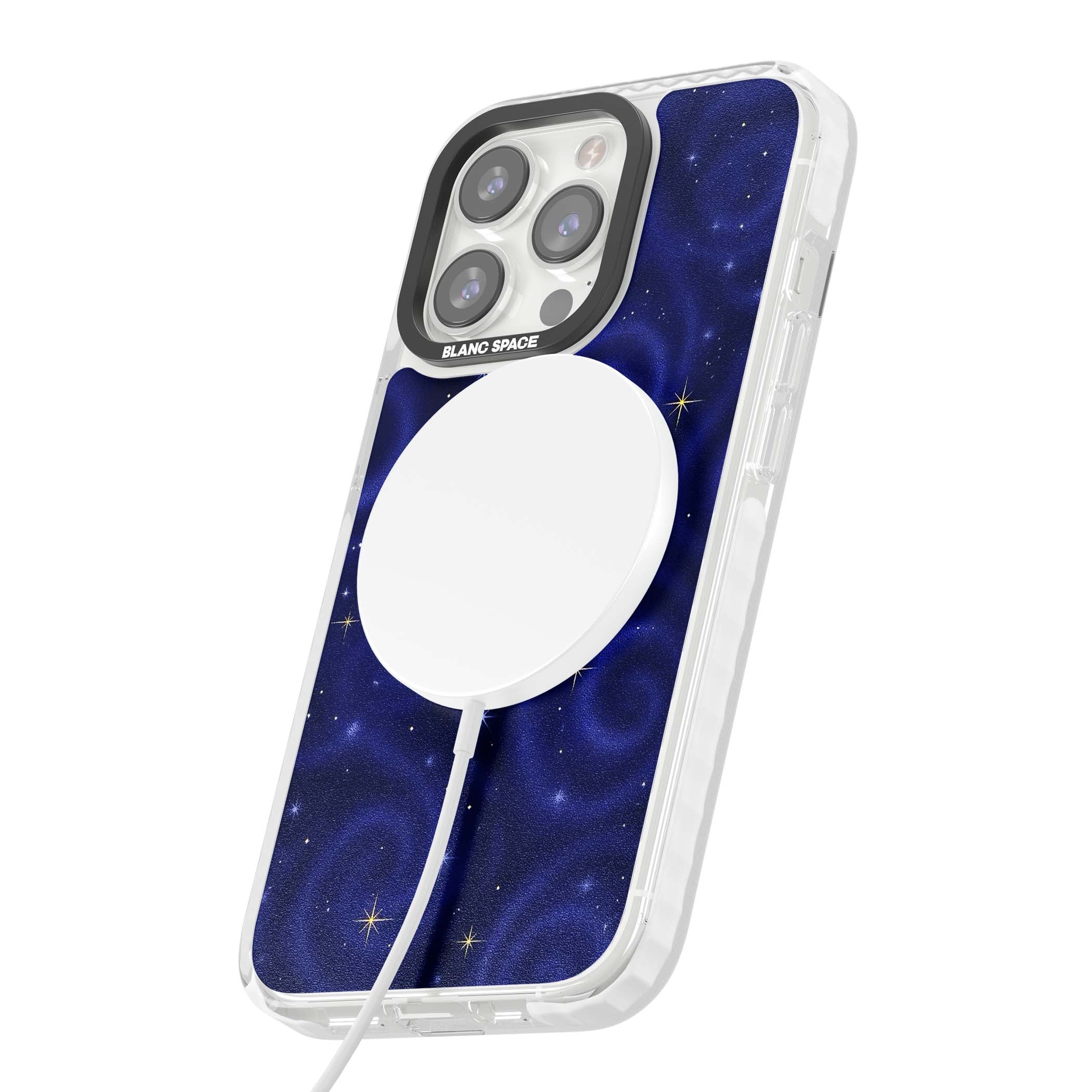 Indigo Cosmos celestial iPhone case featuring swirling navy night sky and sparkling golden stars | Impact Magsafe case for iPhone 13 Pro, iPhone 14 Pro, iPhone 15 Pro