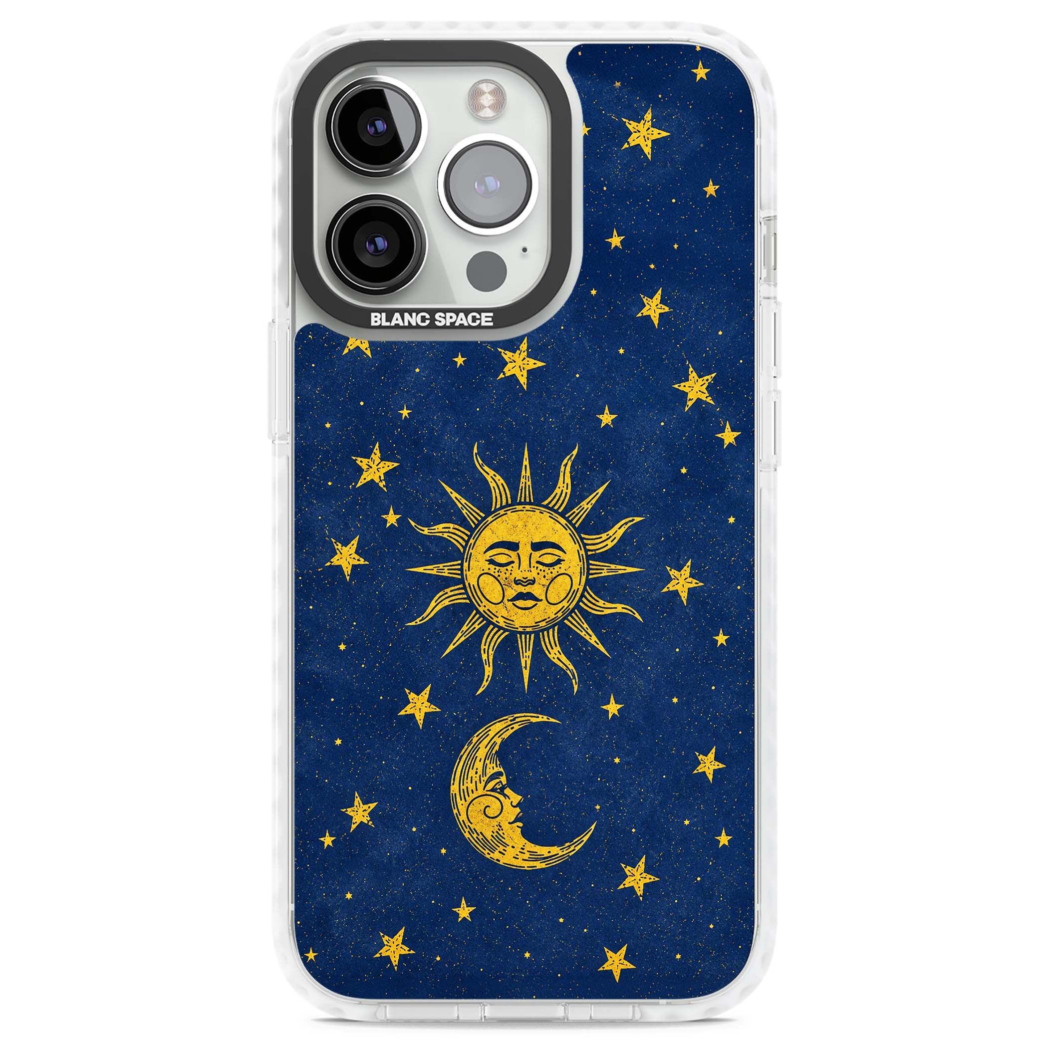 Sun & Moon Reverie celestial iPhone case featuring a vintage golden sun, crescent moon and scattered stars on midnight blue | Impact Magsafe case for iPhone 13 Pro, iPhone 14 Pro, iPhone 15 Pro