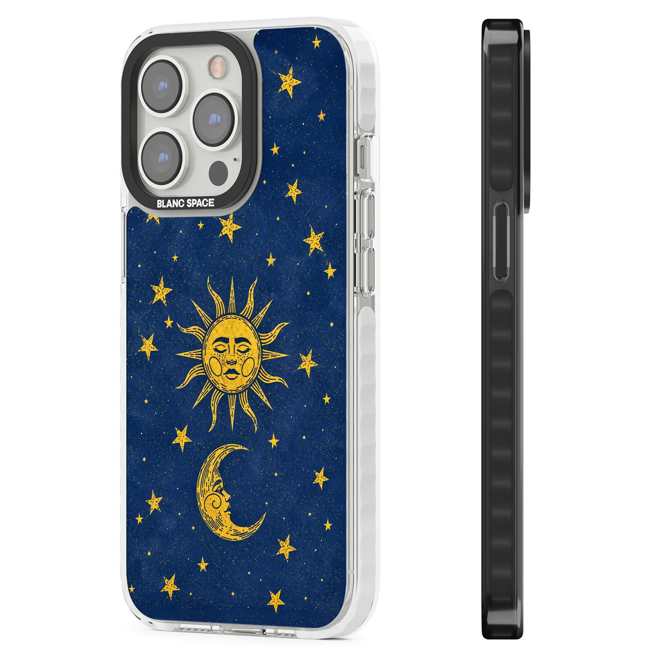 Sun & Moon Reverie celestial iPhone case featuring a vintage golden sun, crescent moon and scattered stars on midnight blue | Impact Magsafe case for iPhone 13 Pro, iPhone 14 Pro, iPhone 15 Pro