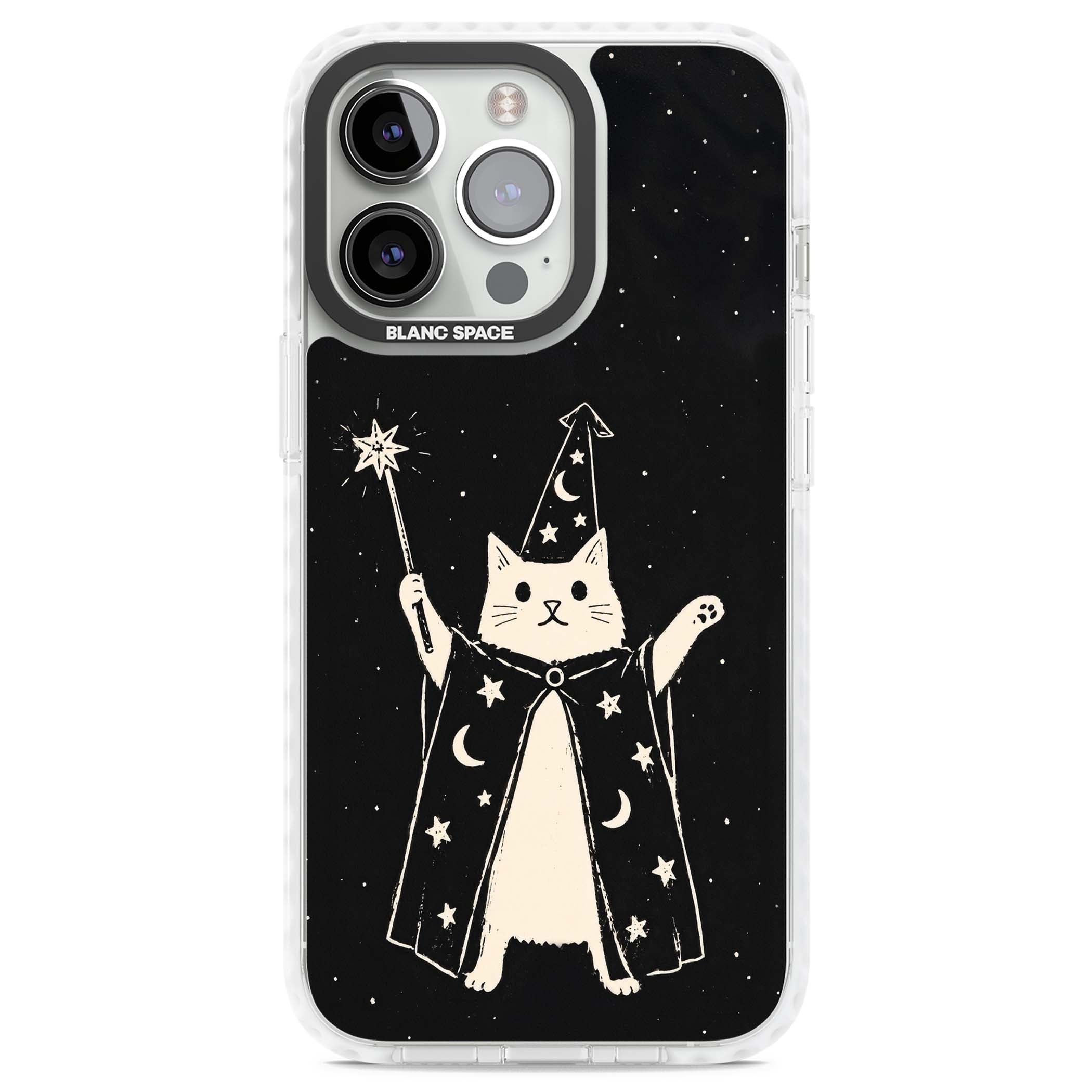 Whisker Wizard celestial cat iPhone case featuring a wizard cat with magic wand, starry night sky and crescent moons | Impact Magsafe case for iPhone 13 Pro, iPhone 14 Pro, iPhone 15 Pro