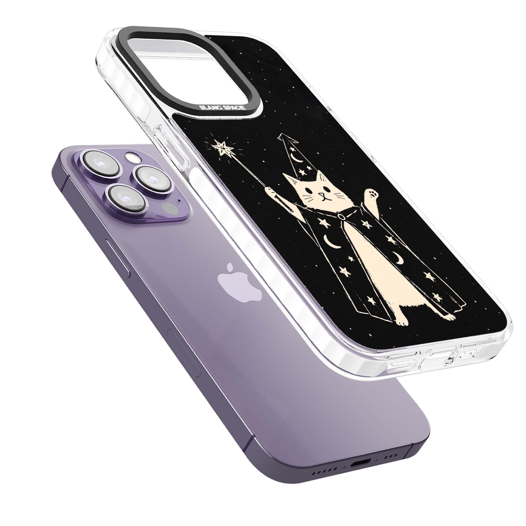 Whisker Wizard celestial cat iPhone case featuring a wizard cat with magic wand, starry night sky and crescent moons | Impact Magsafe case for iPhone 13 Pro, iPhone 14 Pro, iPhone 15 Pro