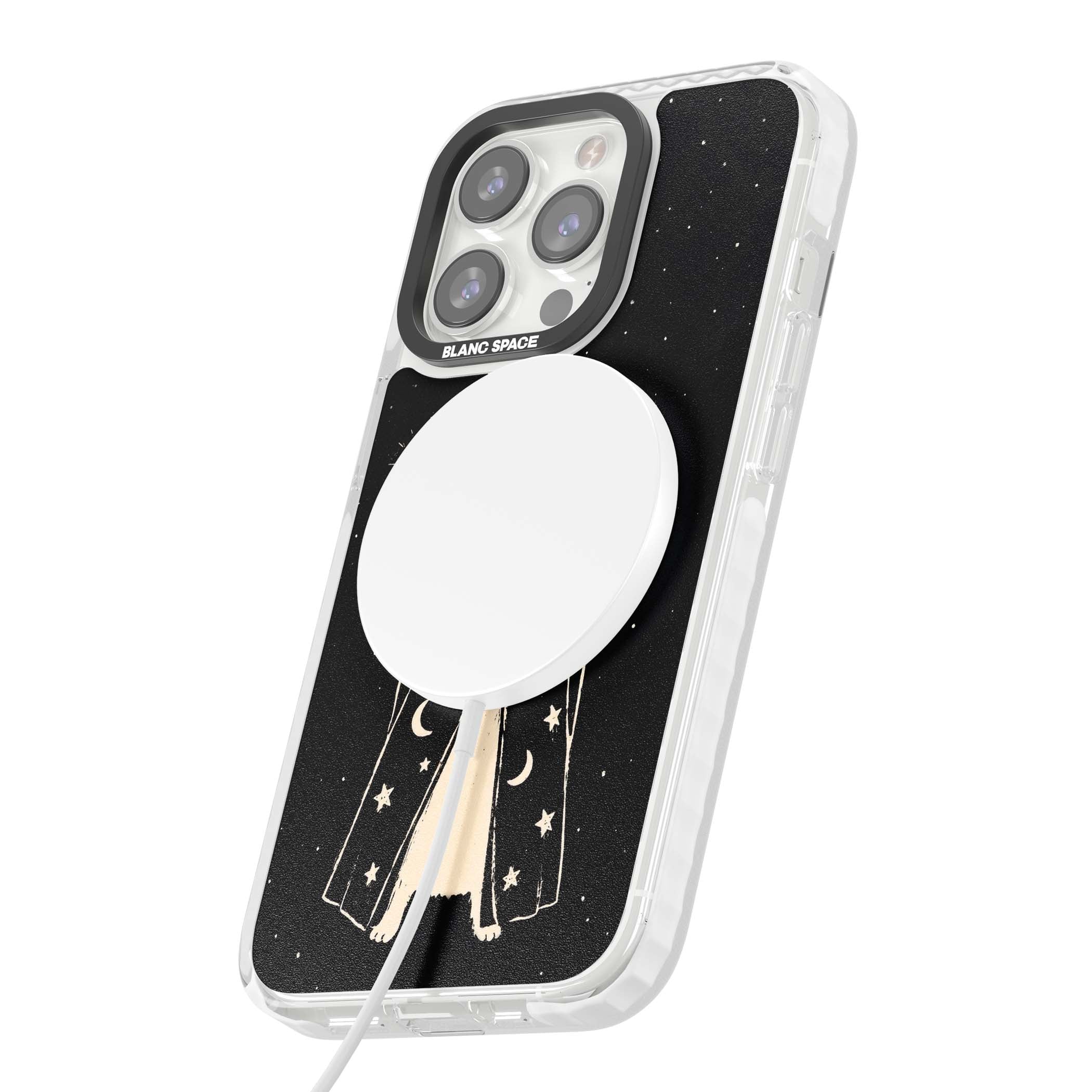 Whisker Wizard celestial cat iPhone case featuring a wizard cat with magic wand, starry night sky and crescent moons | Impact Magsafe case for iPhone 13 Pro, iPhone 14 Pro, iPhone 15 Pro