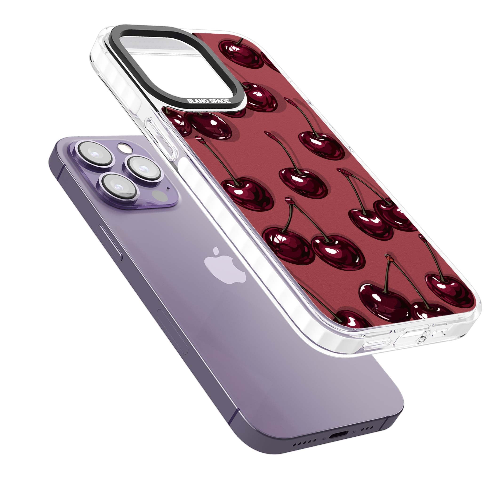 Cherry Rebel coquette iPhone case featuring glossy burgundy cherries on a dusty rose background | Impact Magsafe case for iPhone 13 Pro, iPhone 14 Pro, iPhone 15 Pro
