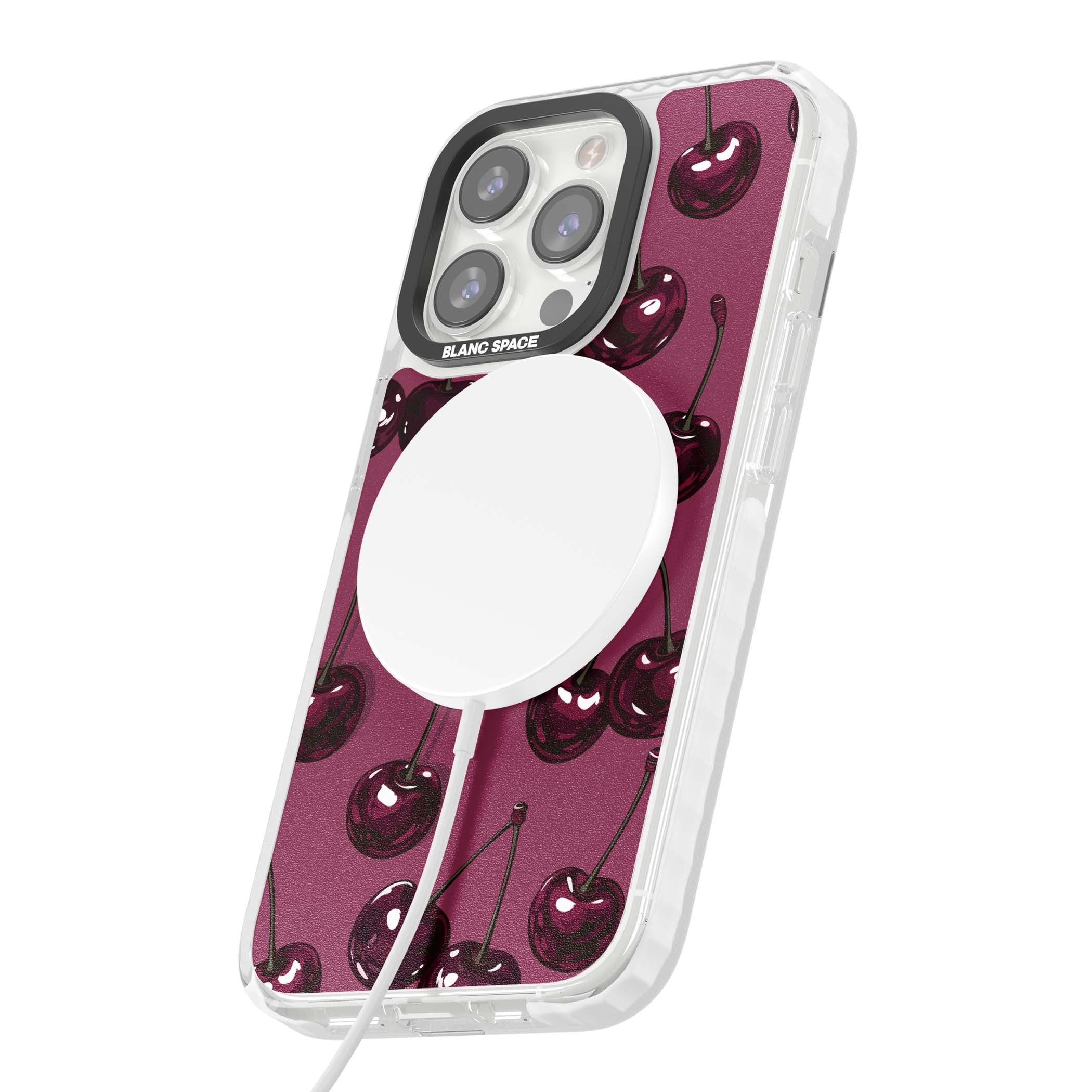 Cherry Soda coquette iPhone case featuring glossy burgundy cherries on a dusty pink background | Impact Magsafe case for iPhone 13 Pro, iPhone 14 Pro, iPhone 15 Pro