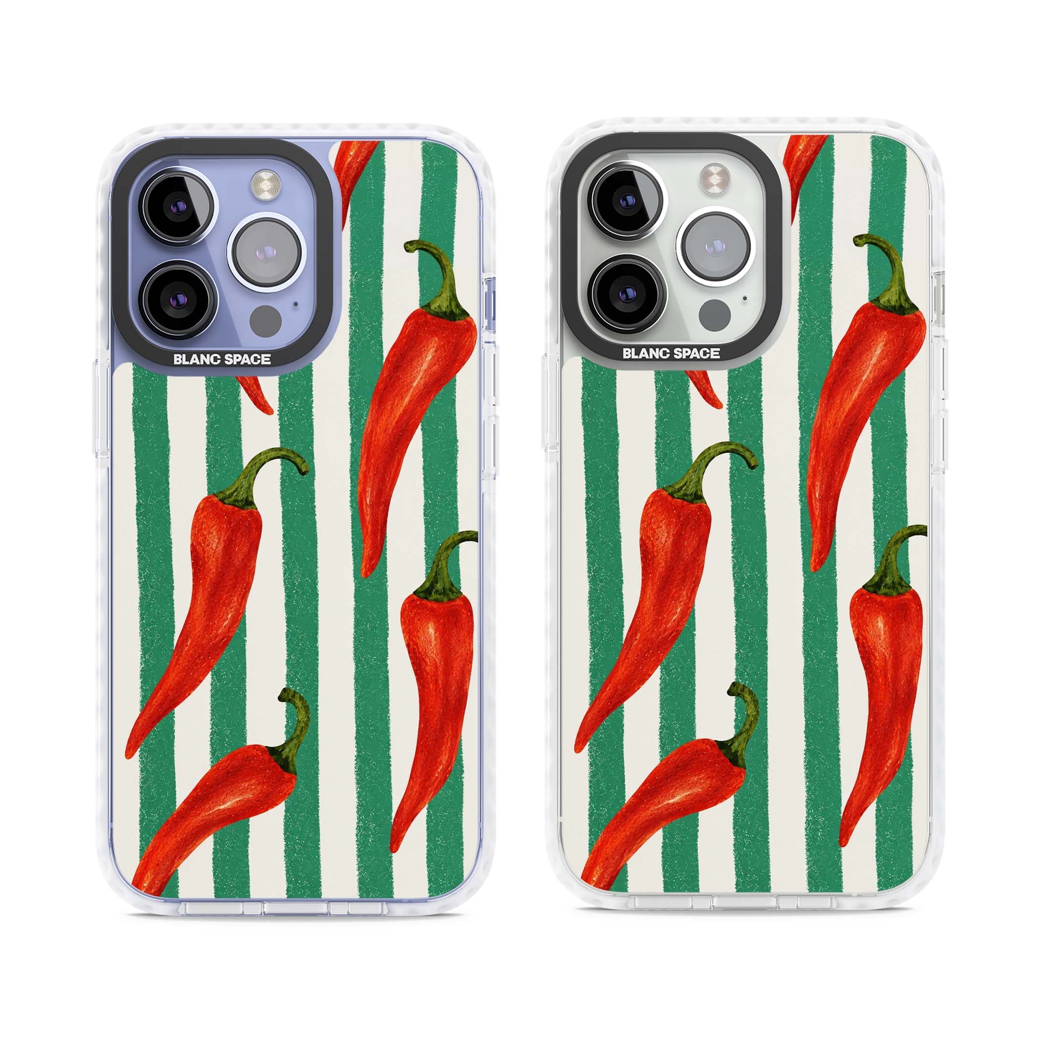 Striped Chillis coastal iPhone case featuring hand-painted red chili peppers on green and cream stripes | Impact Magsafe case for iPhone 13 Pro, iPhone 14 Pro, iPhone 15 Pro