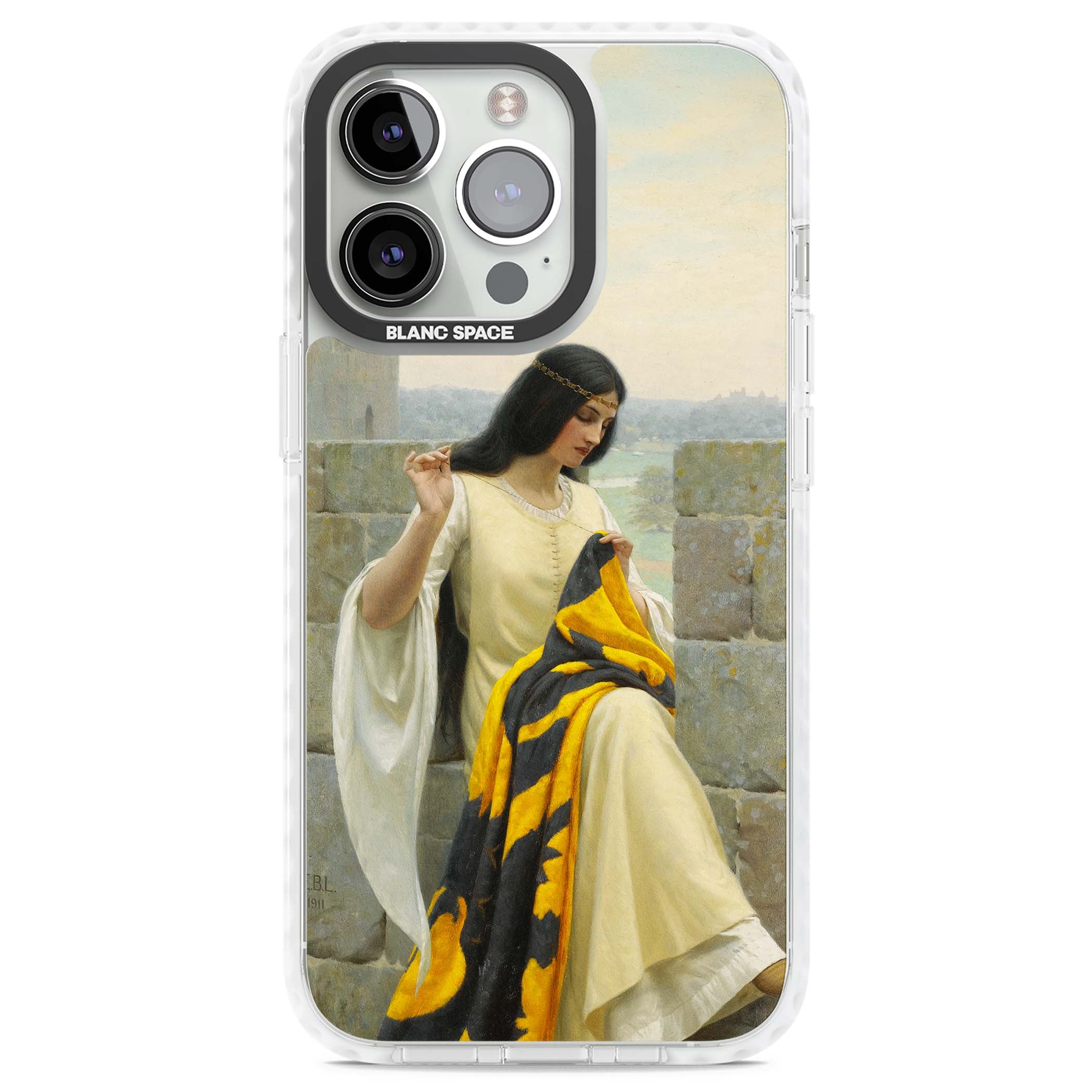 Stitching the Standard renaissance art iPhone case featuring a medieval lady sewing a golden banner on a castle wall | Impact Magsafe case for iPhone 13 Pro, iPhone 14 Pro, iPhone 15 Pro