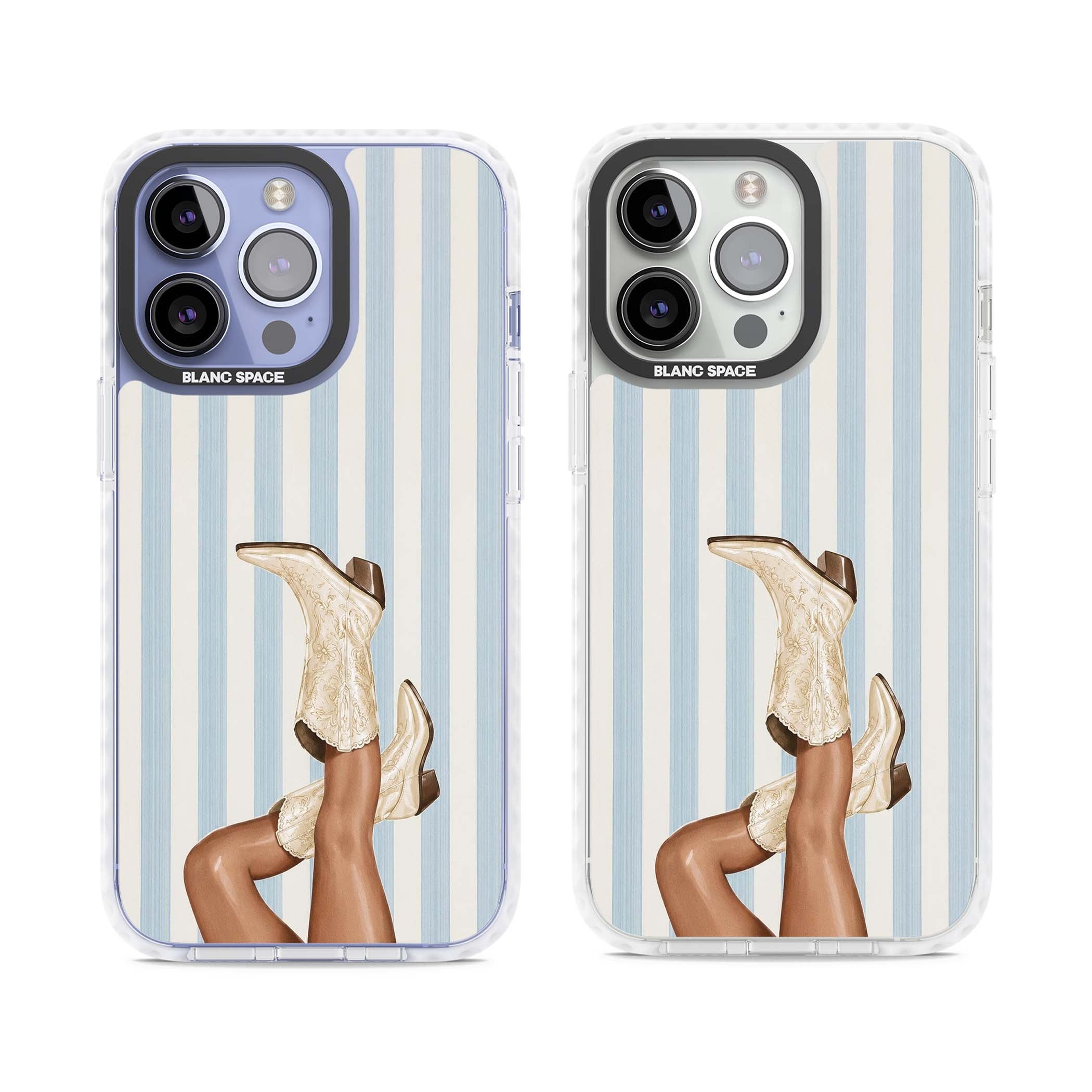 Cowgirl Boots coastal cowgirl iPhone case featuring embroidered western boots, tanned legs and a blue stripe backdrop | Impact Magsafe case for iPhone 13 Pro, iPhone 14 Pro, iPhone 15 Pro