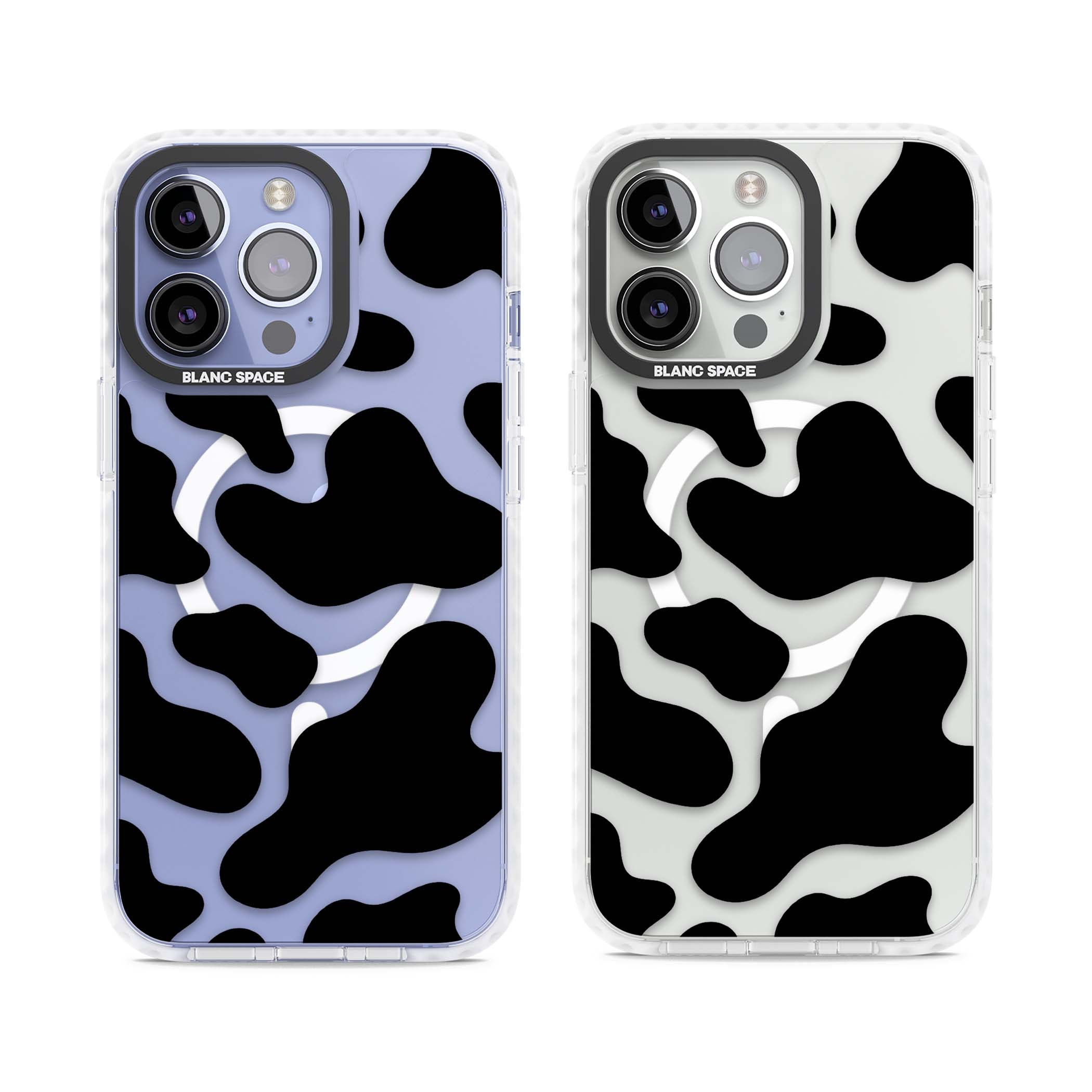 Clear Cow Print cow print iPhone case featuring black and white cow pattern splotches on a clear background | Impact Magsafe case for iPhone 13 Pro, iPhone 14 Pro, iPhone 15 Pro