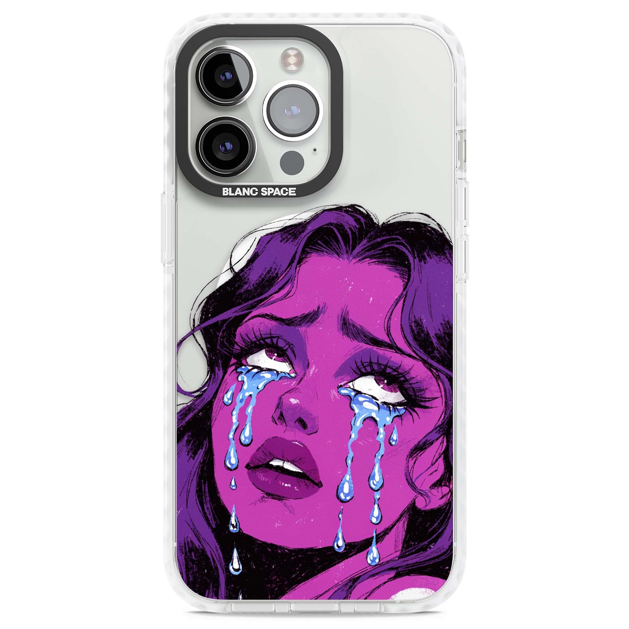 Drama Queen pop art iPhone case featuring a purple crying comic girl with blue tears | Impact Magsafe case for iPhone 13 Pro, iPhone 14 Pro, iPhone 15 Pro