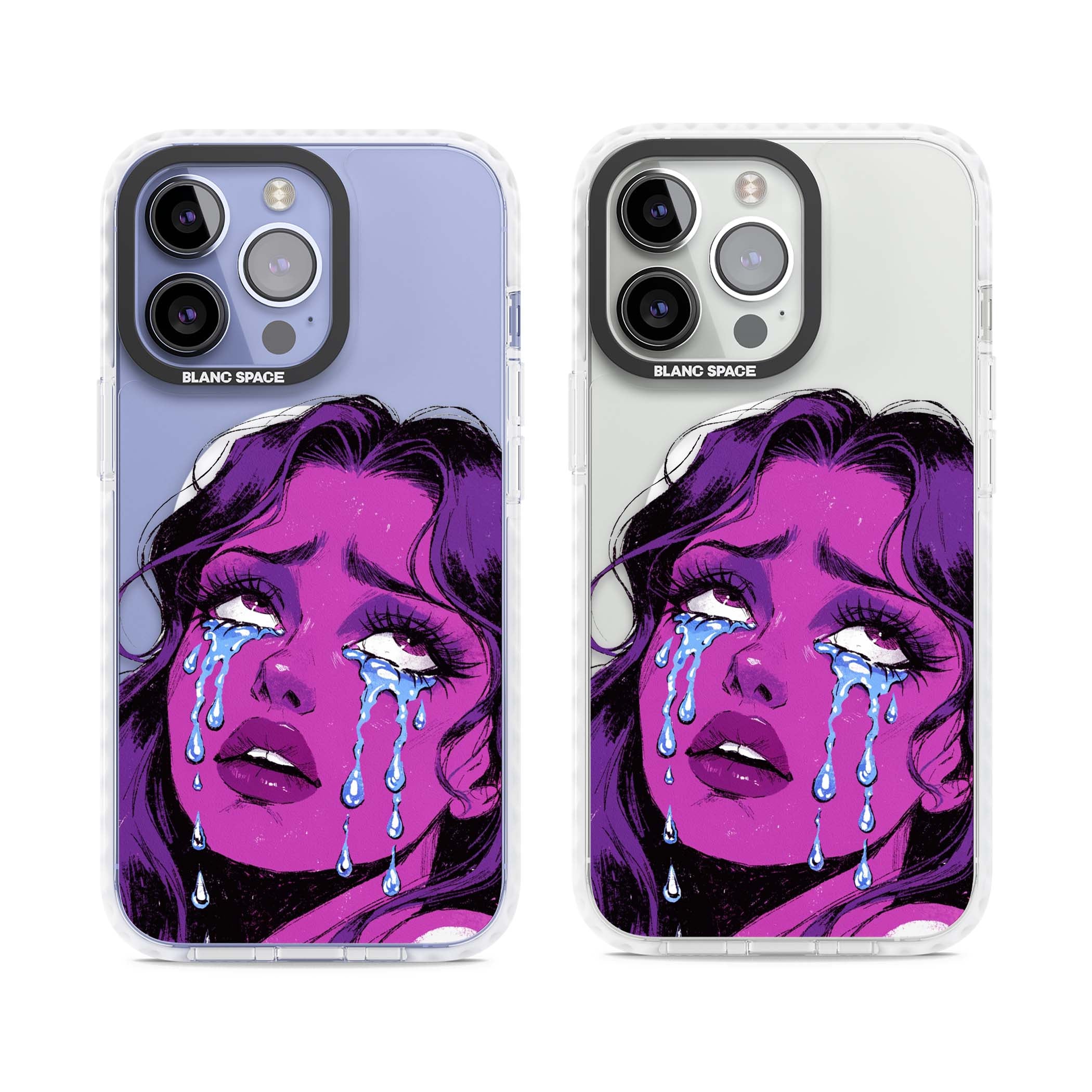 Drama Queen pop art iPhone case featuring a purple crying comic girl with blue tears | Impact Magsafe case for iPhone 13 Pro, iPhone 14 Pro, iPhone 15 Pro