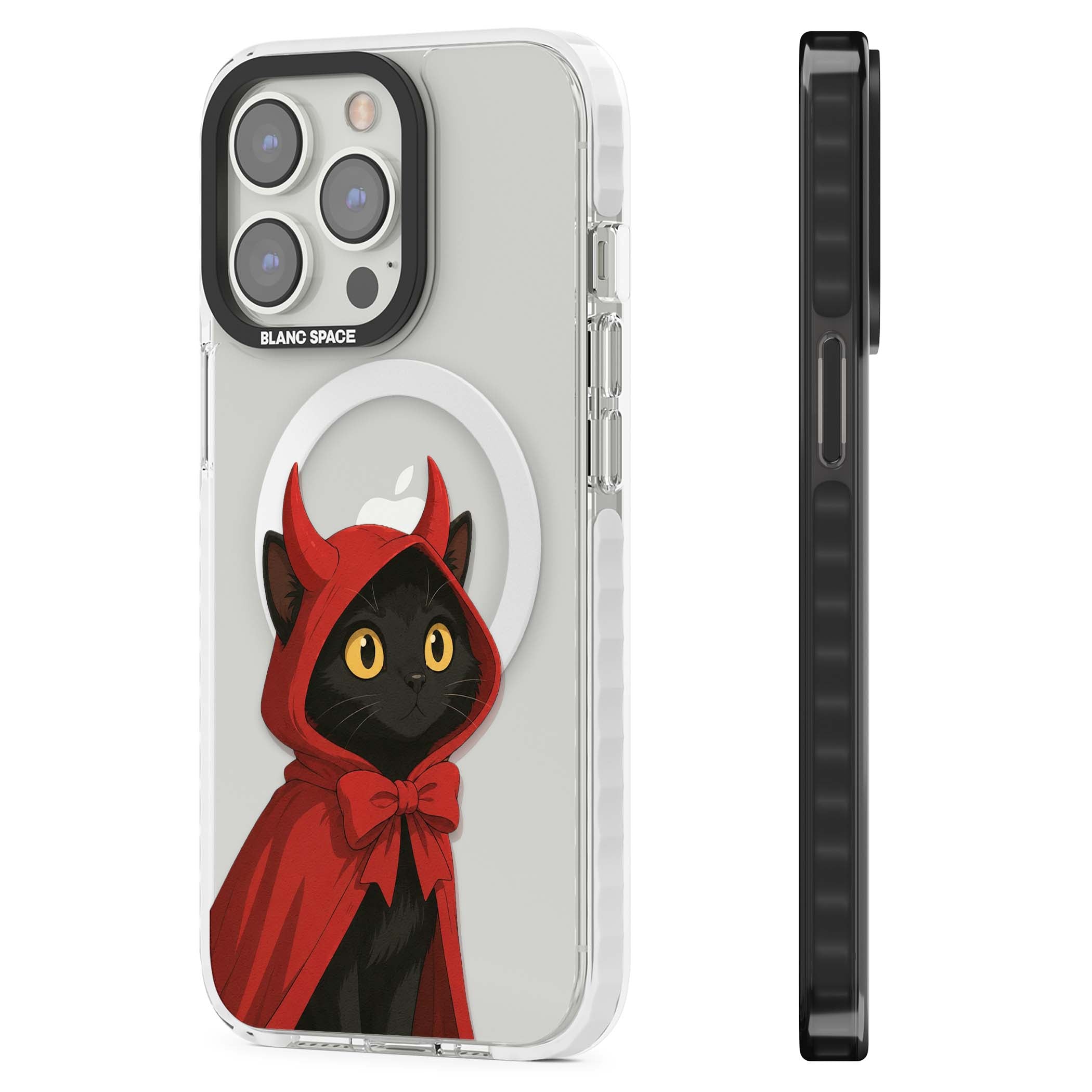 Little Devil halloween iPhone case featuring a black cat in a red hooded devil cloak with horns and golden eyes | Impact Magsafe case for iPhone 13 Pro, iPhone 14 Pro, iPhone 15 Pro