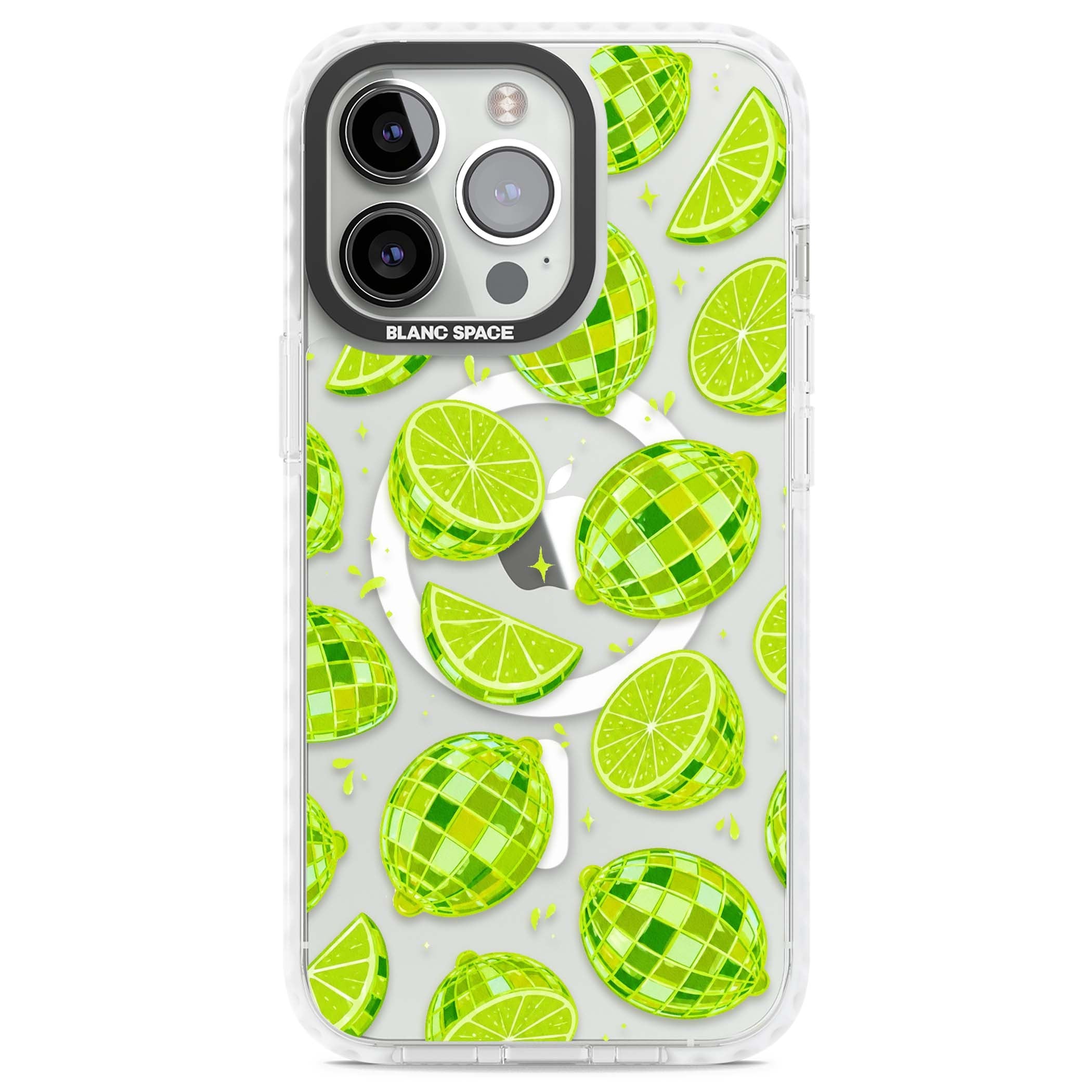 Disco Limes fruit aesthetic iPhone case featuring green disco balls, lime slices and citrus sparkles | Impact Magsafe case for iPhone 13 Pro, iPhone 14 Pro, iPhone 15 Pro