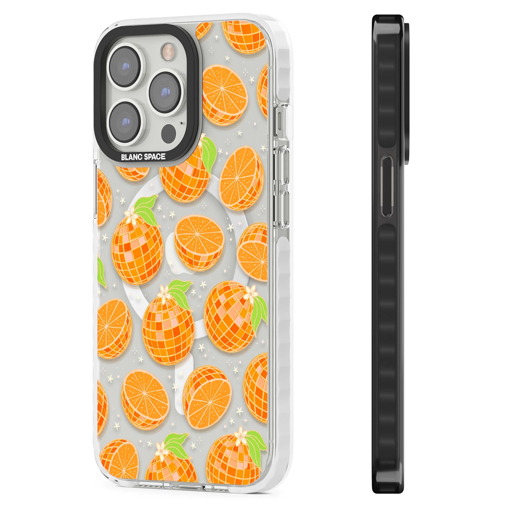 Disco Oranges retro iPhone case featuring mirrorball oranges, citrus slices and tiny blossoms on clear | Impact Magsafe case for iPhone 13 Pro, iPhone 14 Pro, iPhone 15 Pro