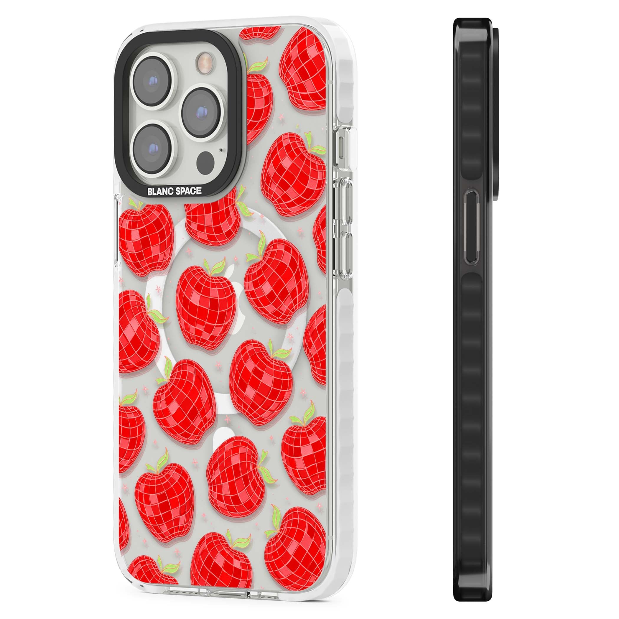 Disco Apples Y2K iPhone case featuring red disco ball apples, green leaves and pink sparkles on clear | Impact Magsafe case for iPhone 13 Pro, iPhone 14 Pro, iPhone 15 Pro