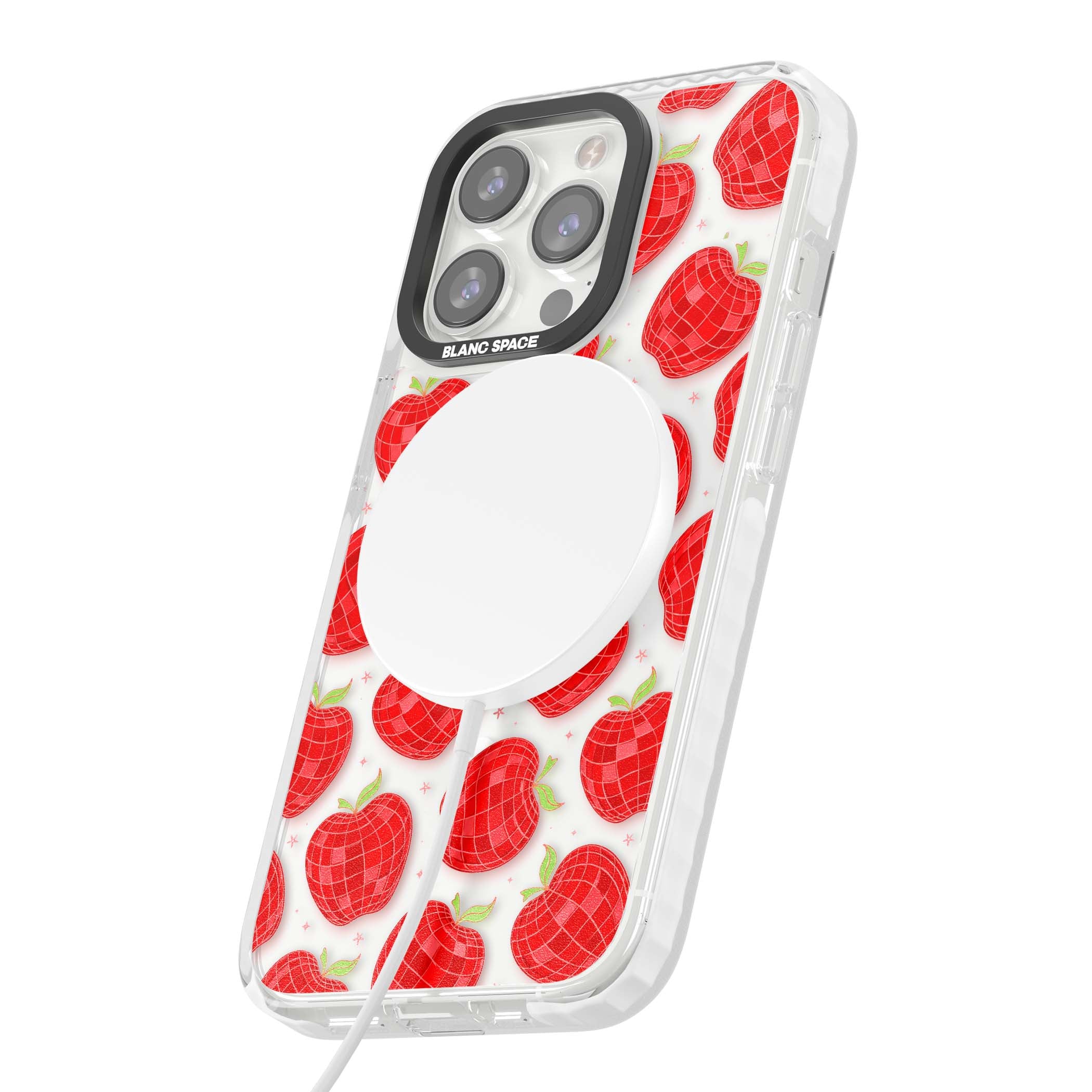 Disco Apples Y2K iPhone case featuring red disco ball apples, green leaves and pink sparkles on clear | Impact Magsafe case for iPhone 13 Pro, iPhone 14 Pro, iPhone 15 Pro