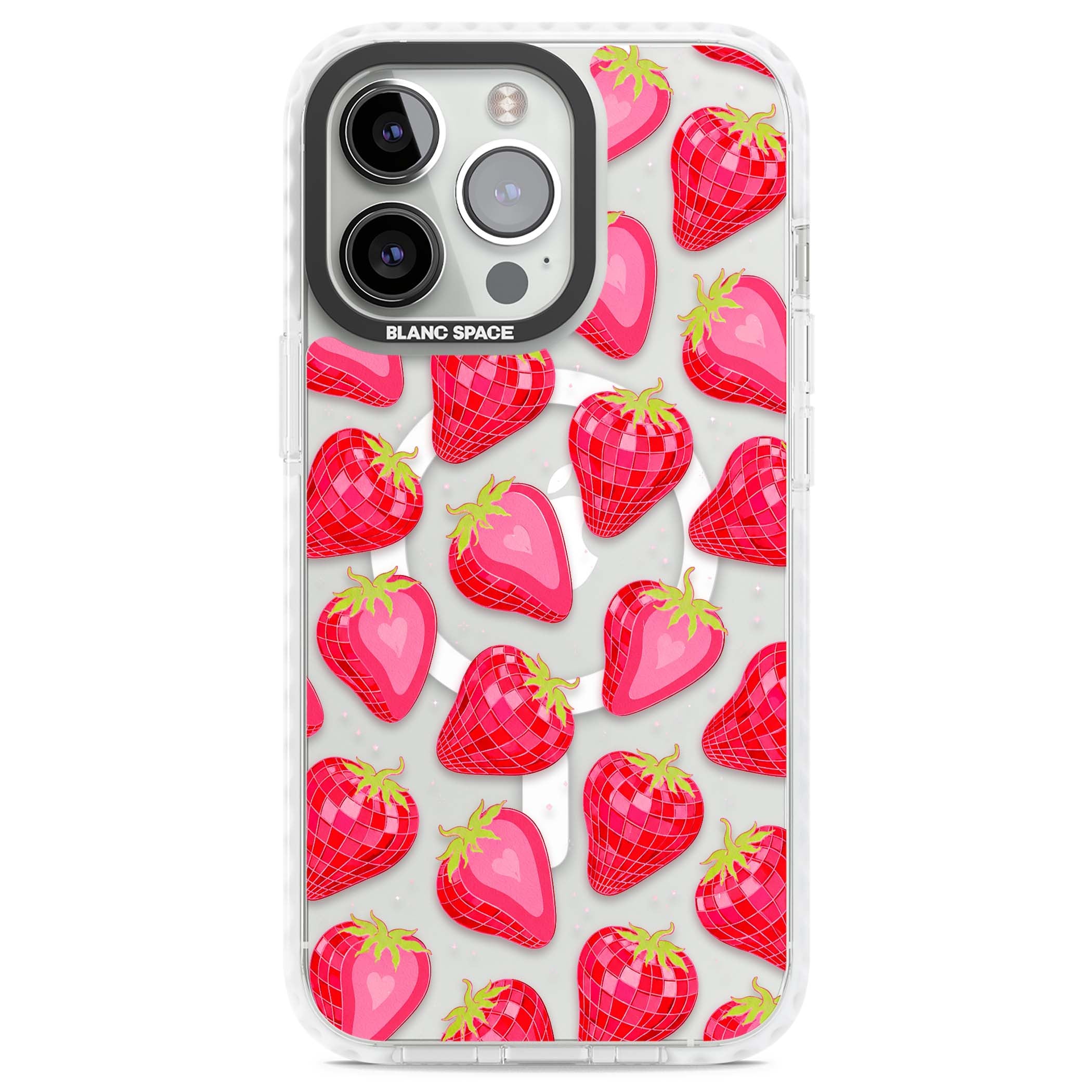 Disco Strawberry Y2K iPhone case featuring pink disco-ball strawberries, green leaves and tiny sparkles | Impact Magsafe case for iPhone 13 Pro, iPhone 14 Pro, iPhone 15 Pro