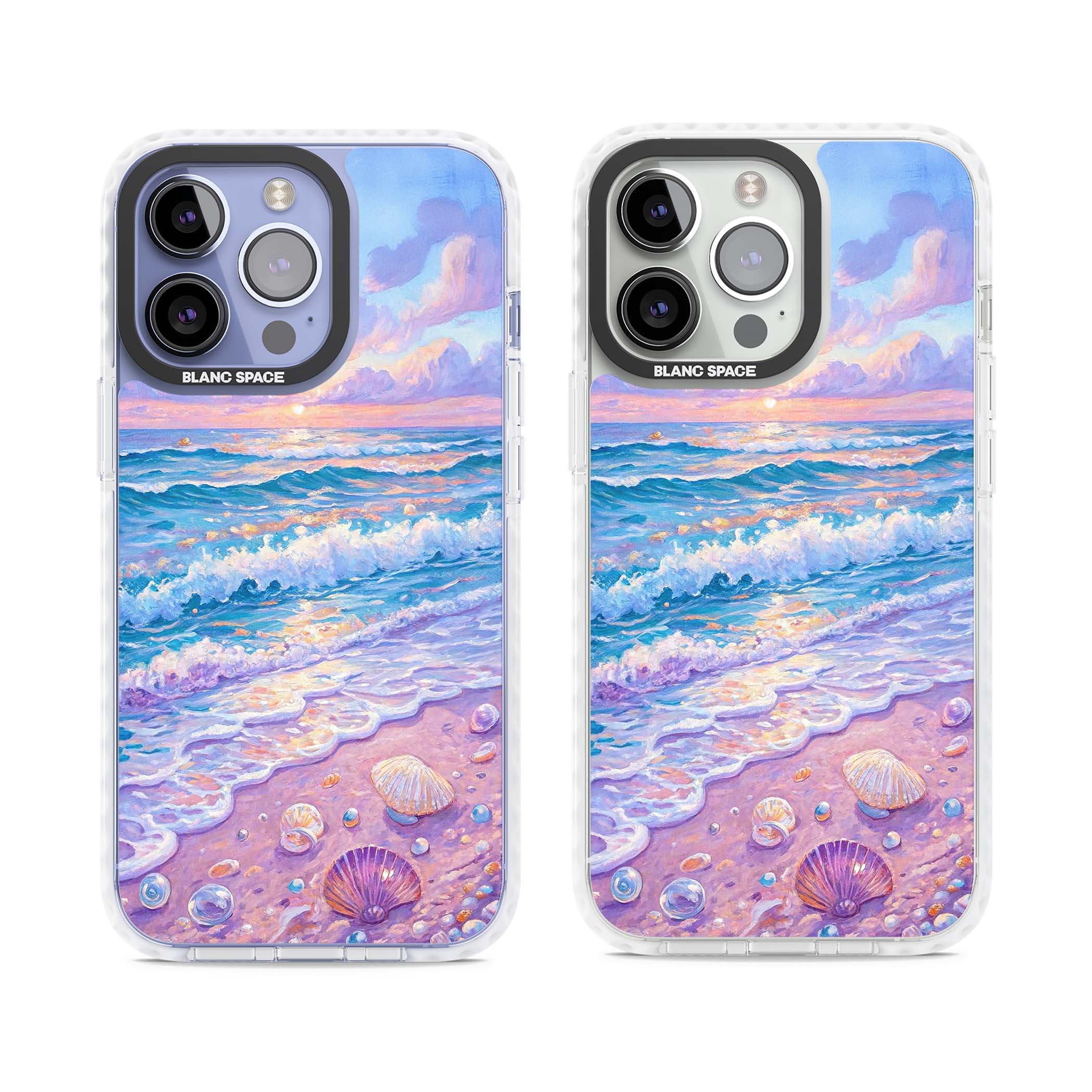 Pearl Shore coastal iPhone case featuring pastel painted waves, seashells, and a sunrise sky over a lavender beach. | Impact Magsafe case for iPhone 13 Pro, iPhone 14 Pro, iPhone 15 Pro