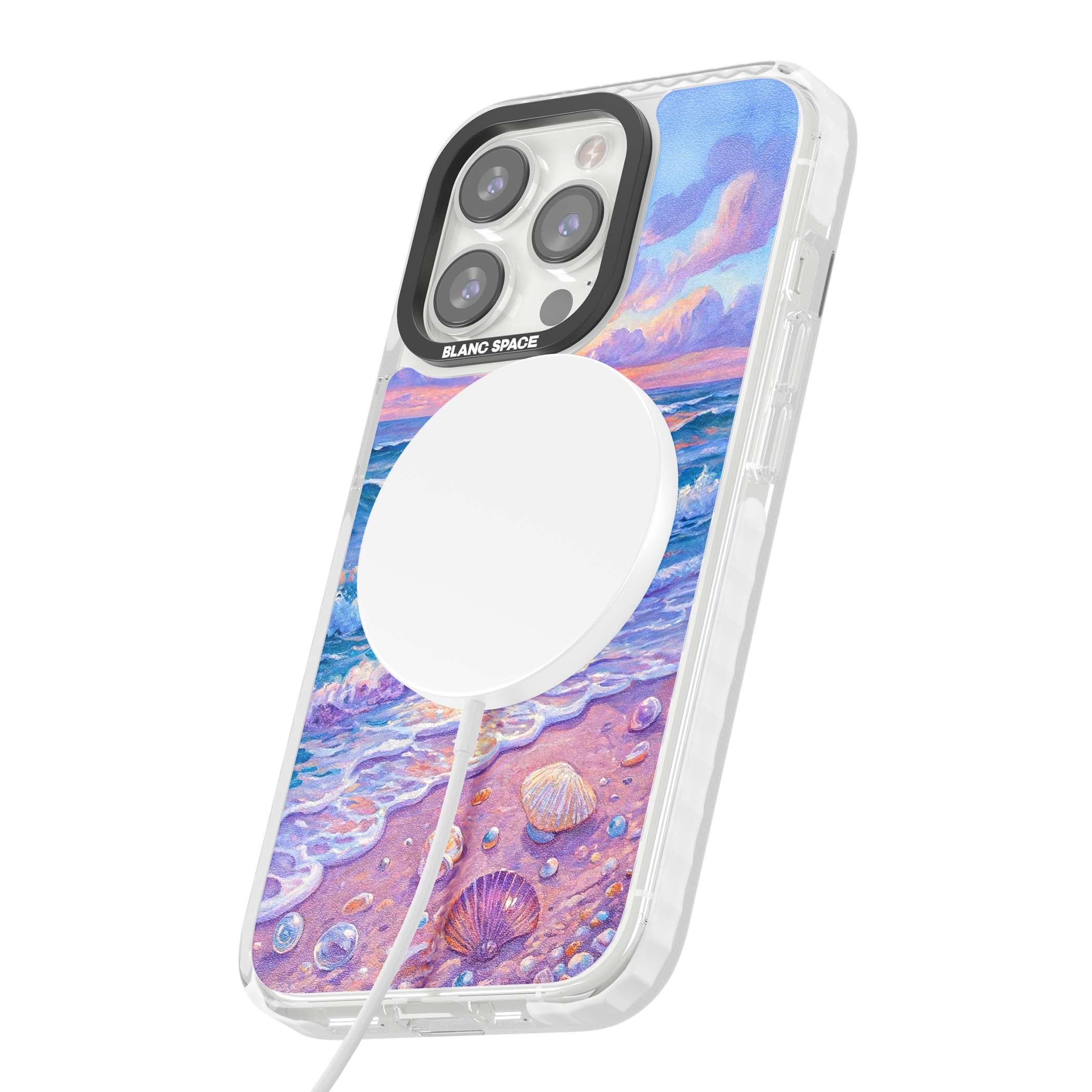 Pearl Shore coastal iPhone case featuring pastel painted waves, seashells, and a sunrise sky over a lavender beach. | Impact Magsafe case for iPhone 13 Pro, iPhone 14 Pro, iPhone 15 Pro