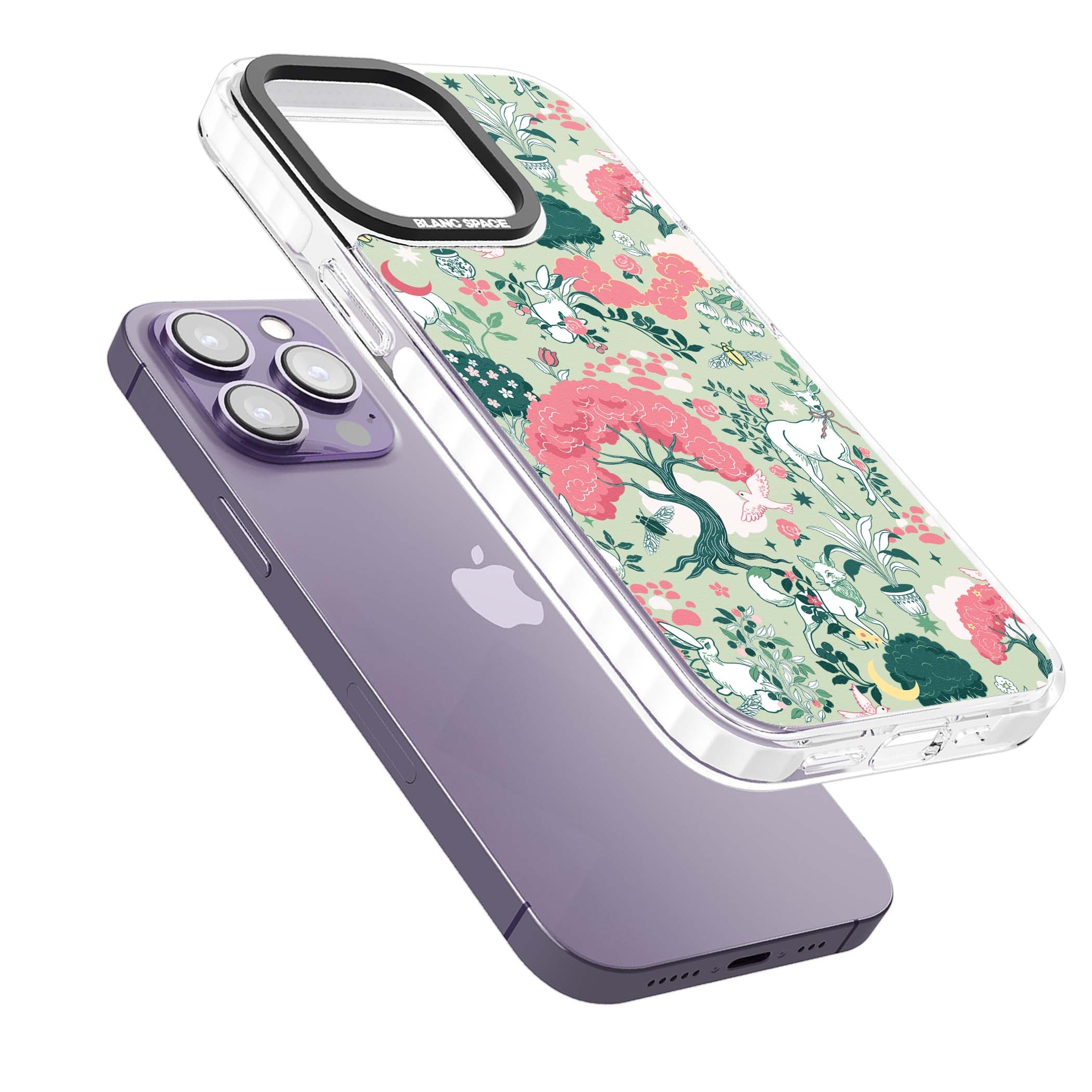 Enchanted Woodland cottagecore iPhone case featuring white deer, pink roses, mushrooms and woodland animals on sage green | Impact Magsafe case for iPhone 13 Pro, iPhone 14 Pro, iPhone 15 Pro