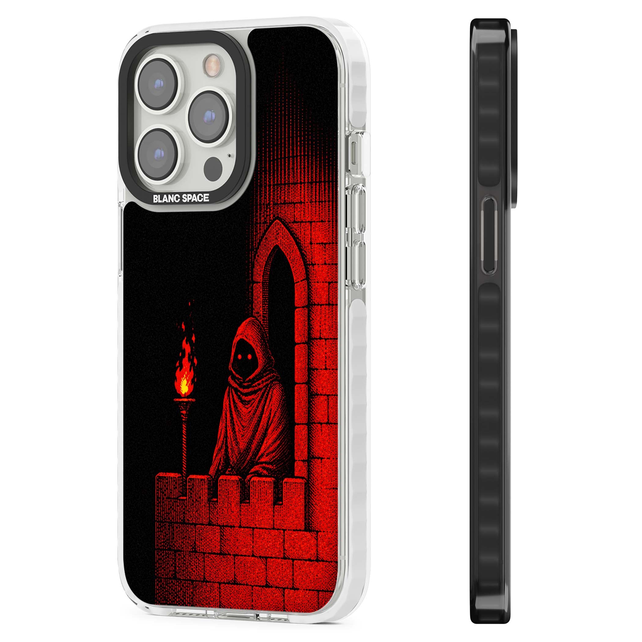 Crimson Crypt gothic iPhone case featuring a hooded reaper, torchlit crypt archway and red halftone horror art | Impact Magsafe case for iPhone 13 Pro, iPhone 14 Pro, iPhone 15 Pro