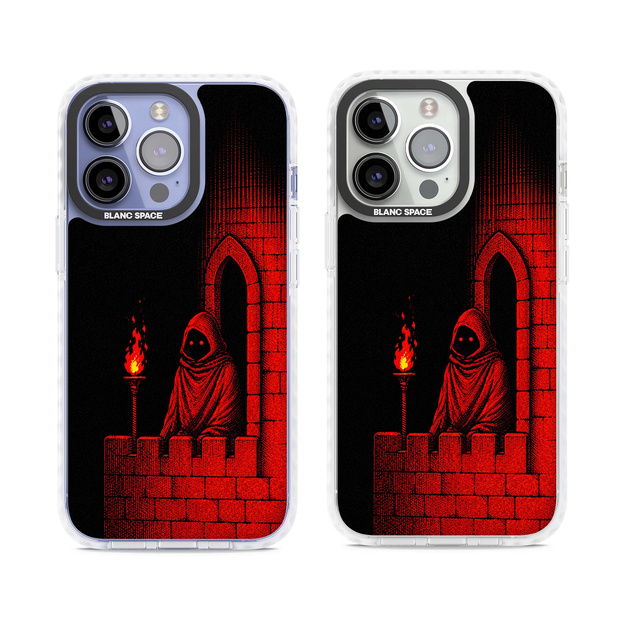 Crimson Crypt gothic iPhone case featuring a hooded reaper, torchlit crypt archway and red halftone horror art | Impact Magsafe case for iPhone 13 Pro, iPhone 14 Pro, iPhone 15 Pro