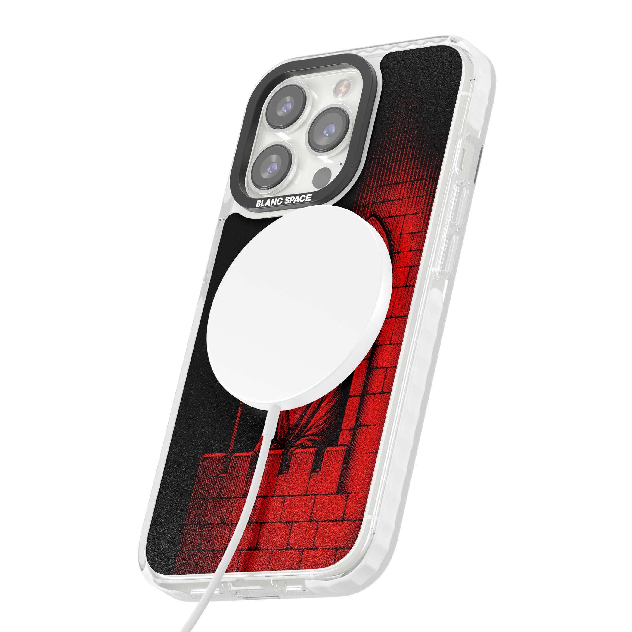 Crimson Crypt gothic iPhone case featuring a hooded reaper, torchlit crypt archway and red halftone horror art | Impact Magsafe case for iPhone 13 Pro, iPhone 14 Pro, iPhone 15 Pro