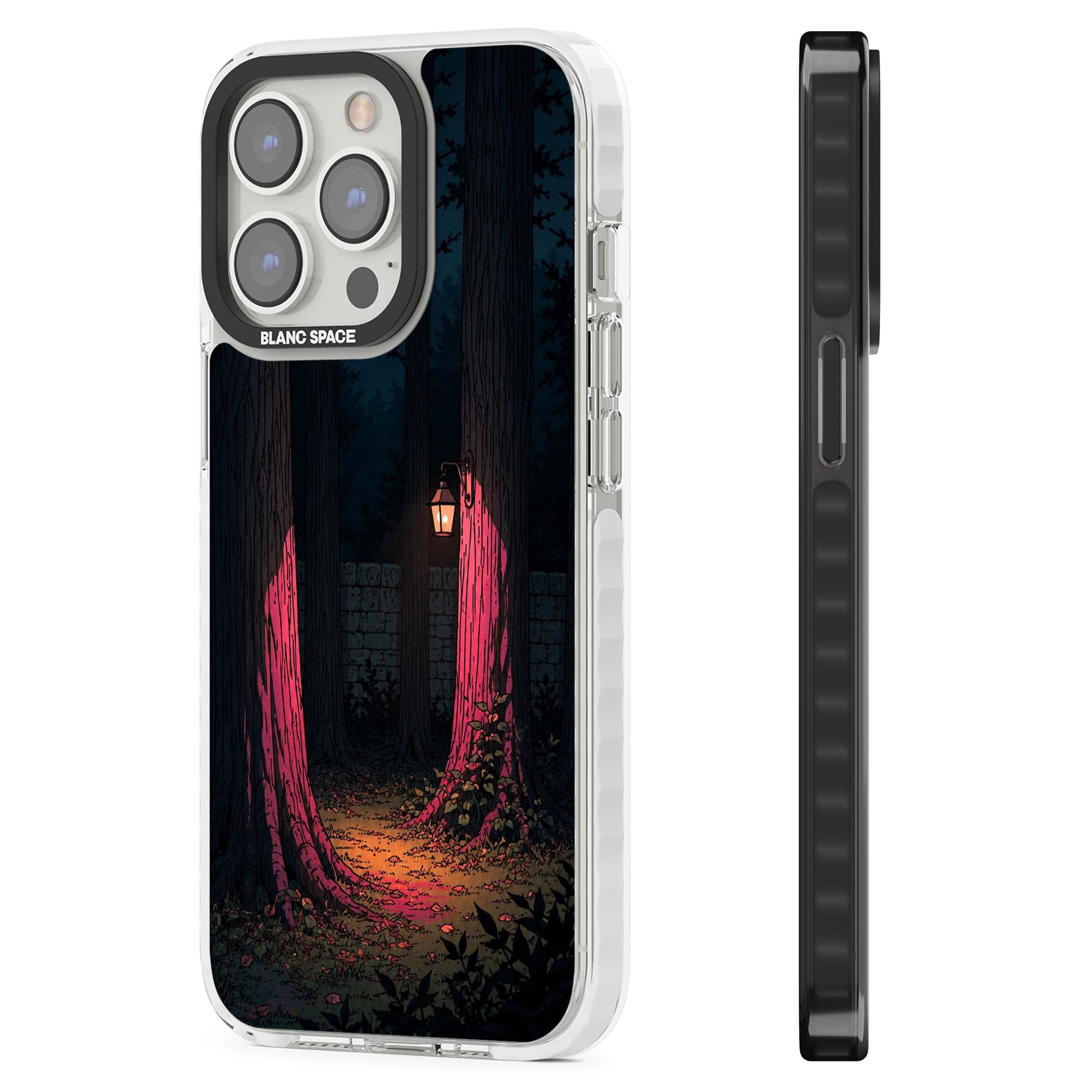 Forest Lantern dark academia iPhone case featuring a moonlit forest, glowing lantern, and stone wall pathway | Impact Magsafe case for iPhone 13 Pro, iPhone 14 Pro, iPhone 15 Pro