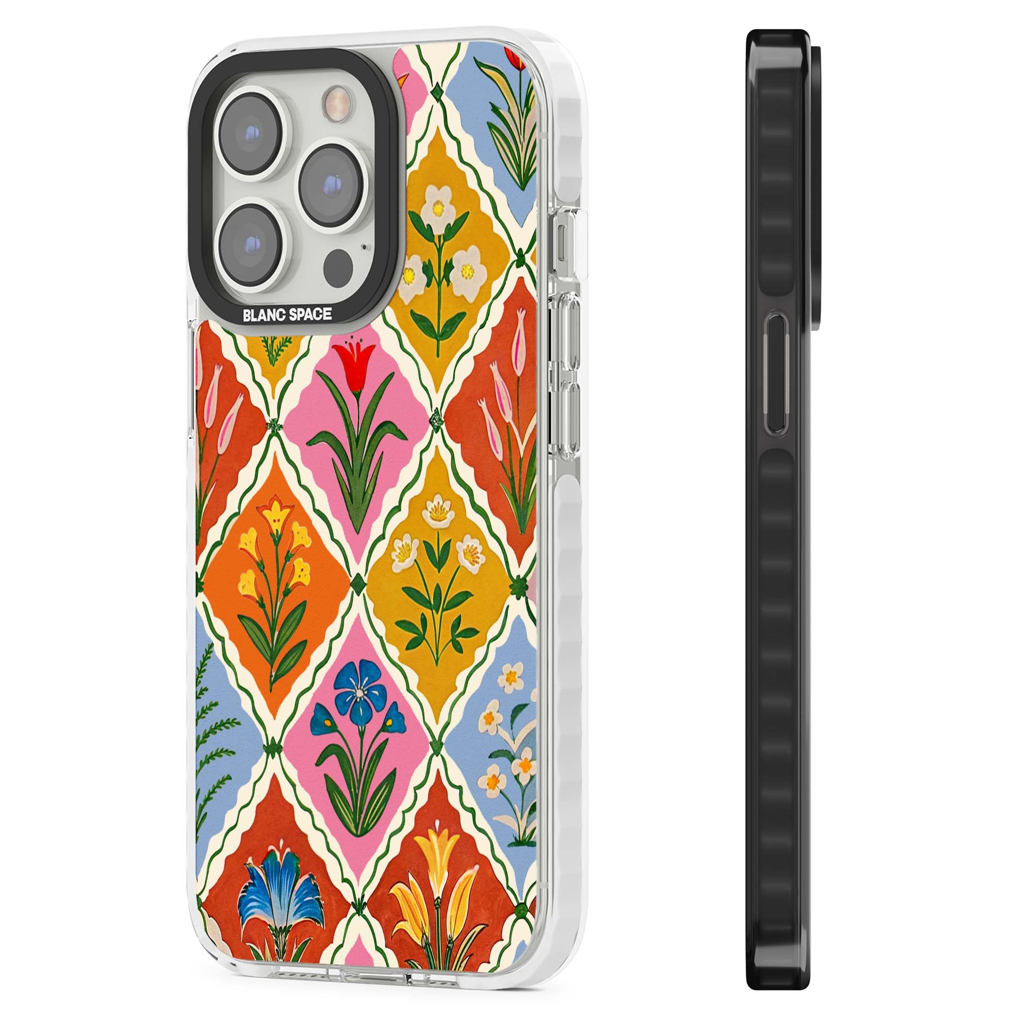Floral Quilt boho floral iPhone case featuring diamond lattice pattern, hand-painted tulips and folk art wildflowers | Impact Magsafe case for iPhone 13 Pro, iPhone 14 Pro, iPhone 15 Pro