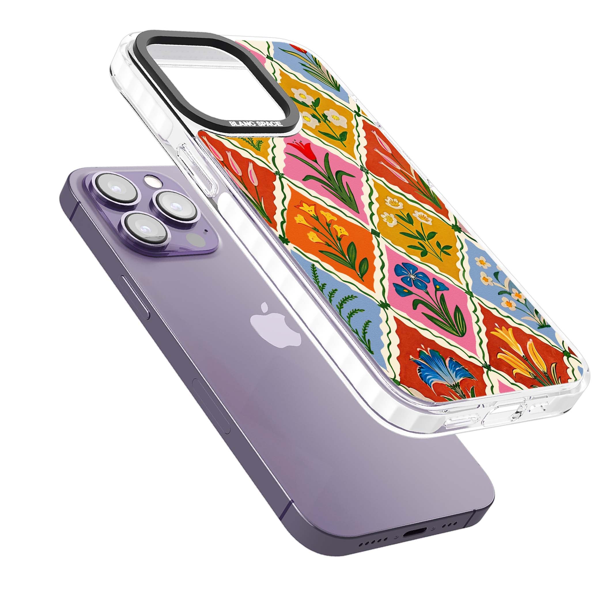 Floral Quilt boho floral iPhone case featuring diamond lattice pattern, hand-painted tulips and folk art wildflowers | Impact Magsafe case for iPhone 13 Pro, iPhone 14 Pro, iPhone 15 Pro