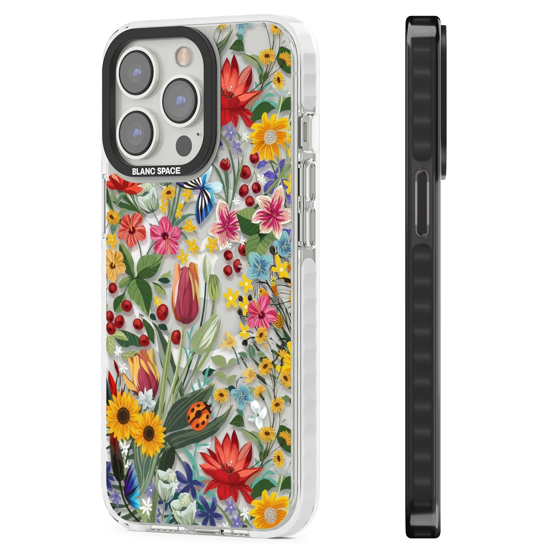 Botanical Bloom cottagecore iPhone case featuring colorful wildflowers, sunflowers, and ladybugs on clear background | Impact Magsafe case for iPhone 13 Pro, iPhone 14 Pro, iPhone 15 Pro