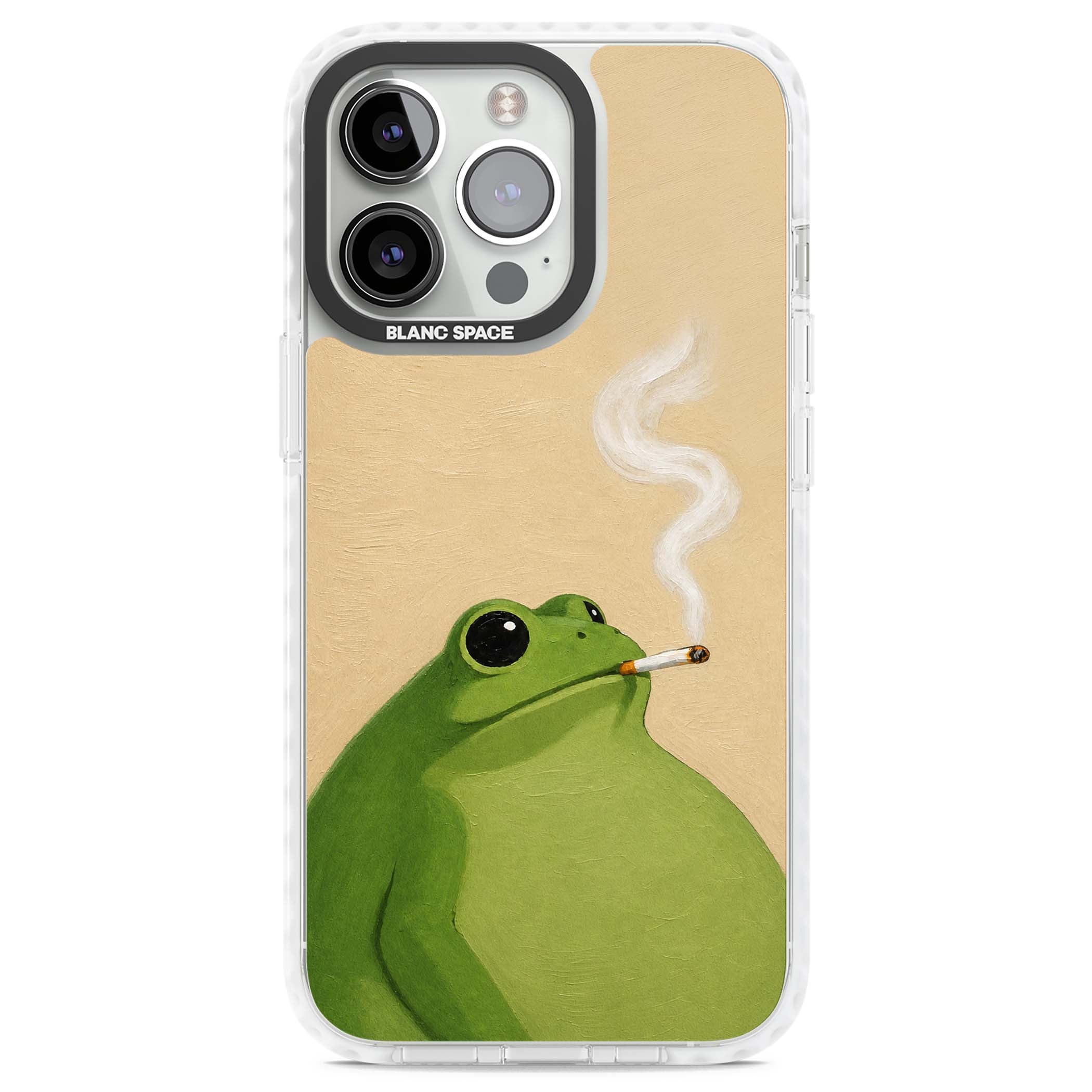 The Smoking Frog cottagecore iPhone case featuring a hand-painted green frog smoking a cigarette on a cream oil painting back | Impact Magsafe case for iPhone 13 Pro, iPhone 14 Pro, iPhone 15 Pro