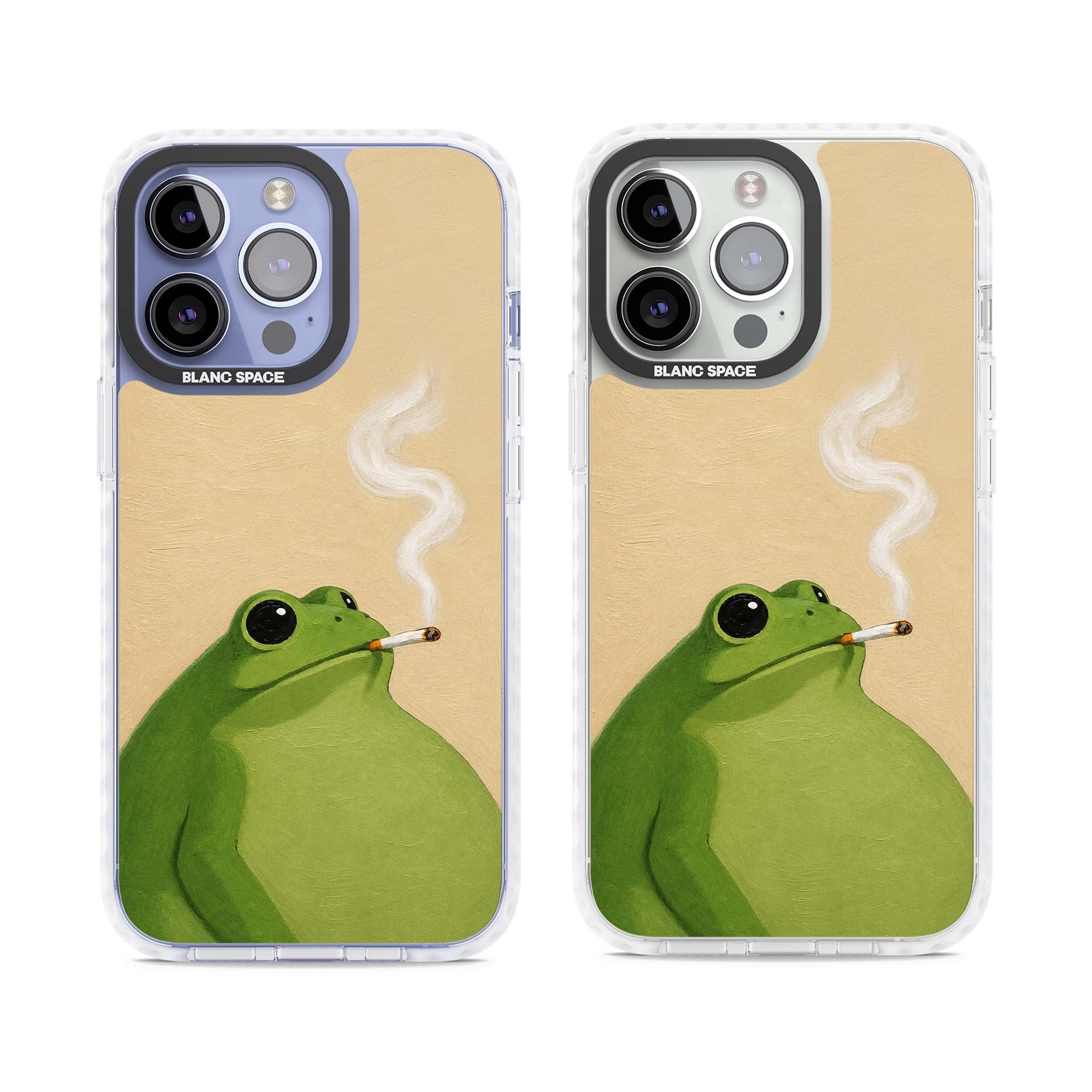 The Smoking Frog cottagecore iPhone case featuring a hand-painted green frog smoking a cigarette on a cream oil painting back | Impact Magsafe case for iPhone 13 Pro, iPhone 14 Pro, iPhone 15 Pro
