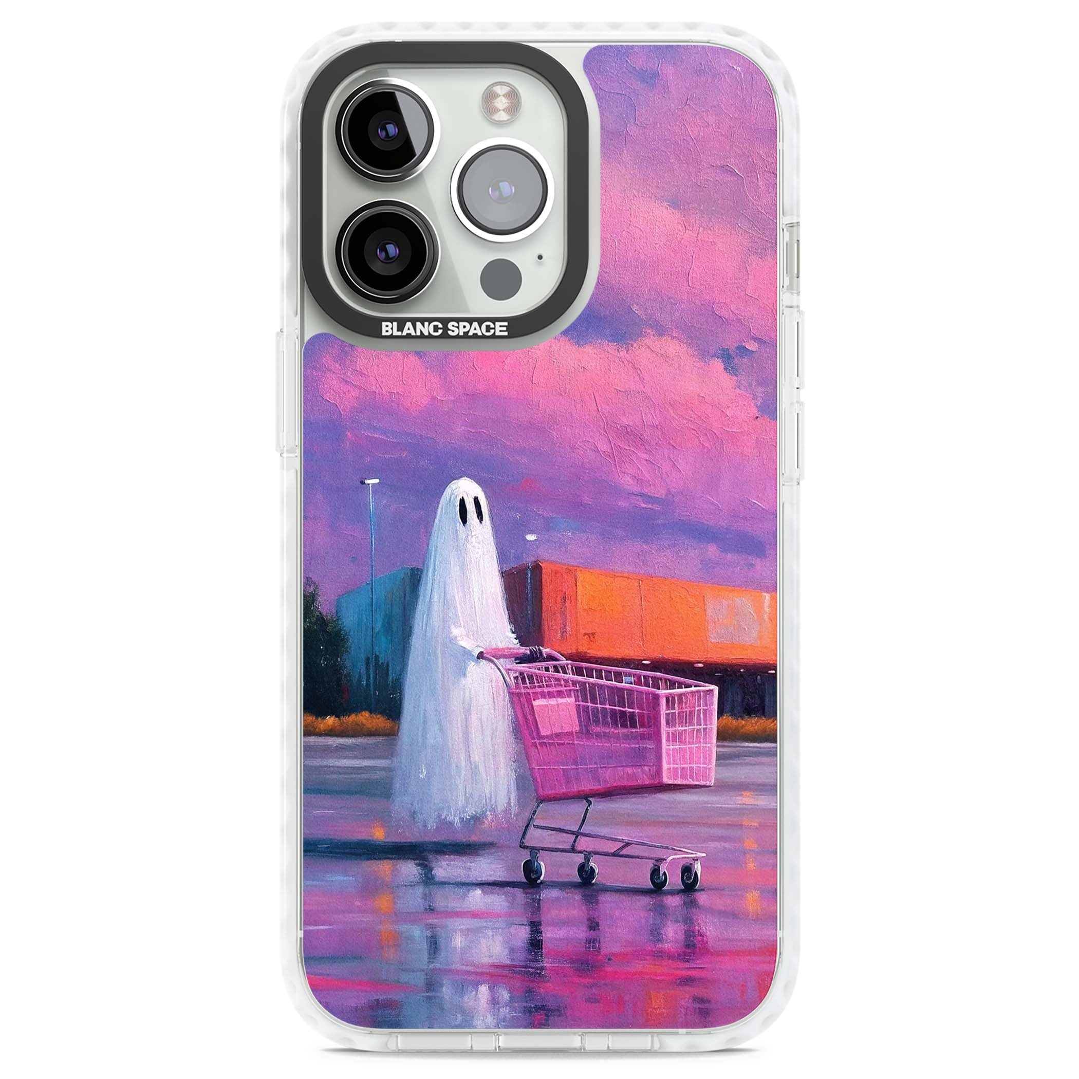 A Ghost's Errand ghost halloween iPhone case featuring a painted ghost, pink shopping trolley and purple sunset sky | Impact Magsafe case for iPhone 13 Pro, iPhone 14 Pro, iPhone 15 Pro