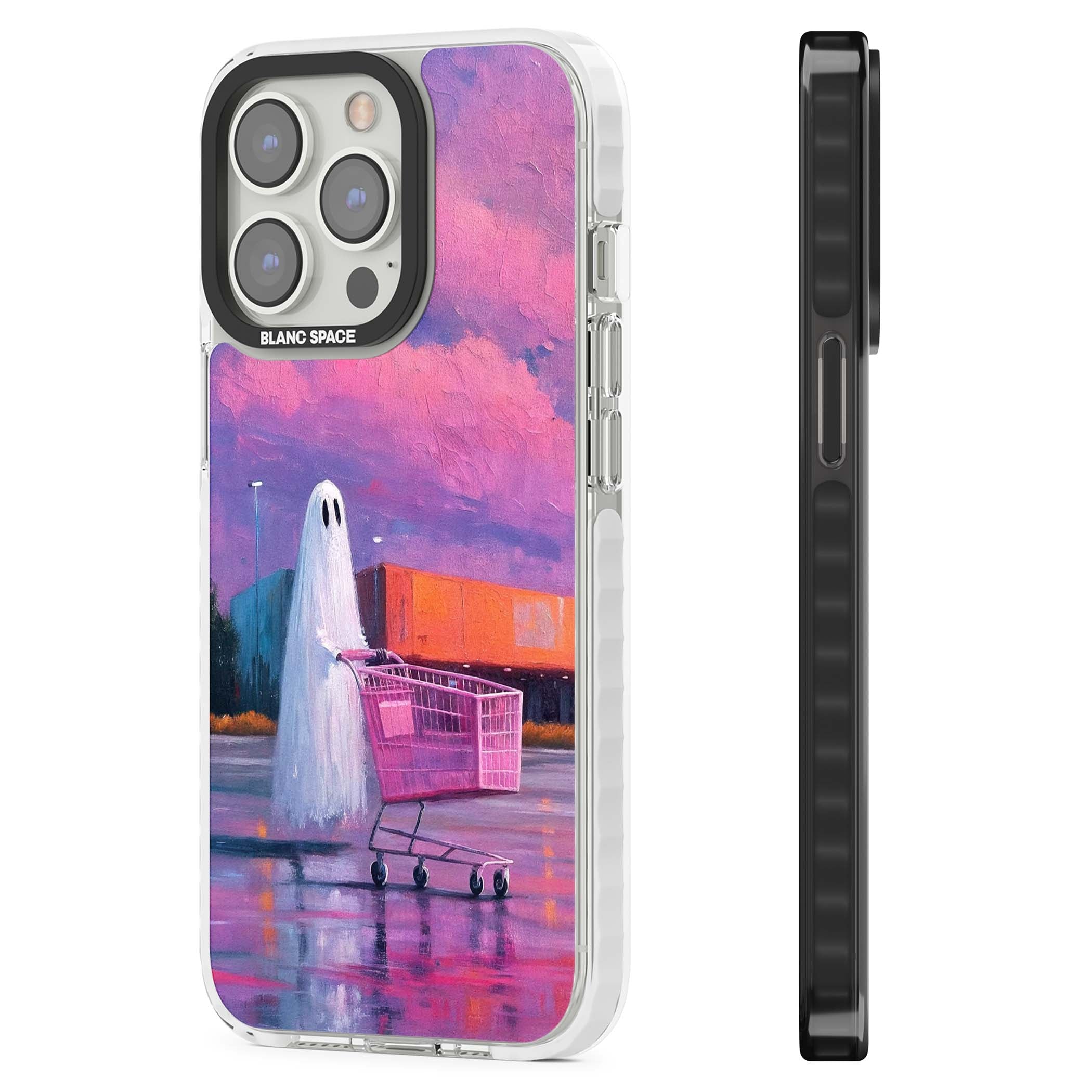 A Ghost's Errand ghost halloween iPhone case featuring a painted ghost, pink shopping trolley and purple sunset sky | Impact Magsafe case for iPhone 13 Pro, iPhone 14 Pro, iPhone 15 Pro