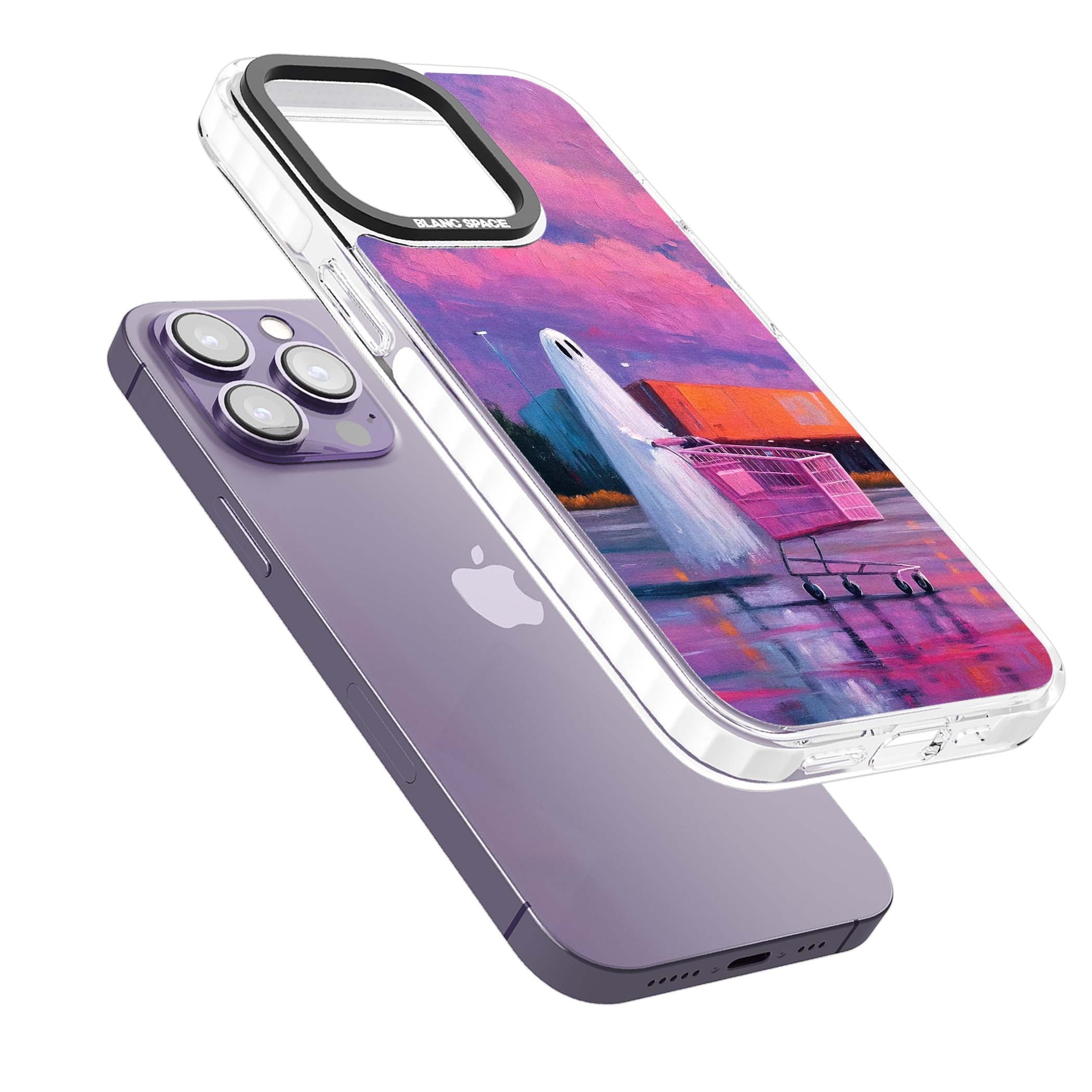 A Ghost's Errand ghost halloween iPhone case featuring a painted ghost, pink shopping trolley and purple sunset sky | Impact Magsafe case for iPhone 13 Pro, iPhone 14 Pro, iPhone 15 Pro