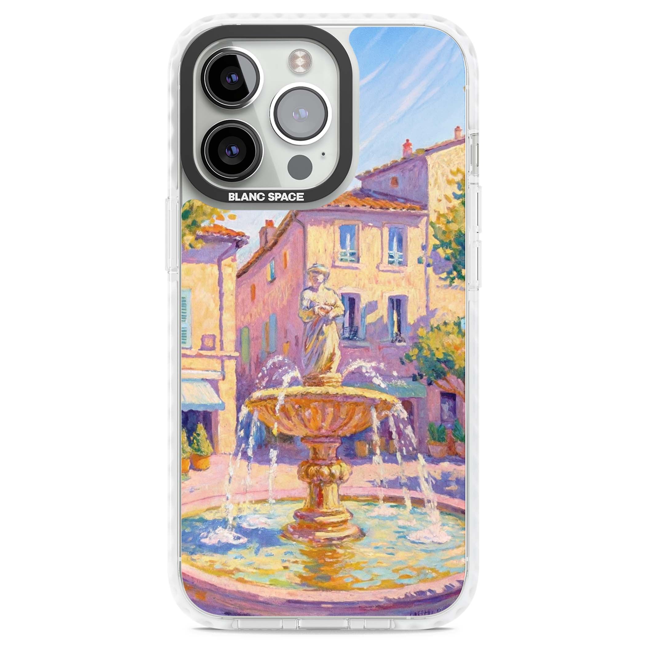 Fountain Square fine art iPhone case featuring an impressionist Provençal fountain, pastel village buildings and summe | Impact Magsafe case for iPhone 13 Pro, iPhone 14 Pro, iPhone 15 Pro