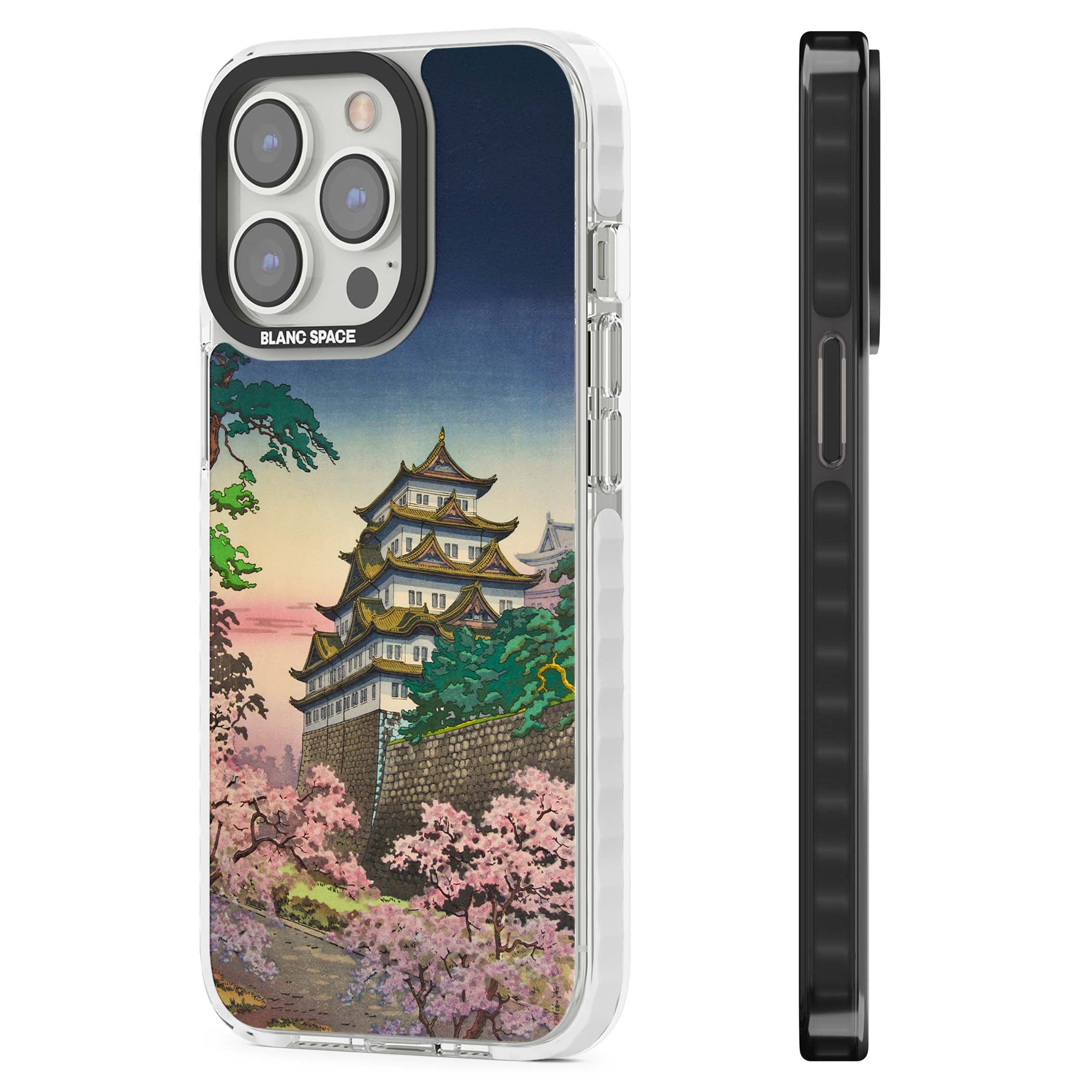 Nagoya Castle Japanese iPhone case featuring a vintage pagoda, twilight sky and cherry blossom trees | Impact Magsafe case for iPhone 13 Pro, iPhone 14 Pro, iPhone 15 Pro