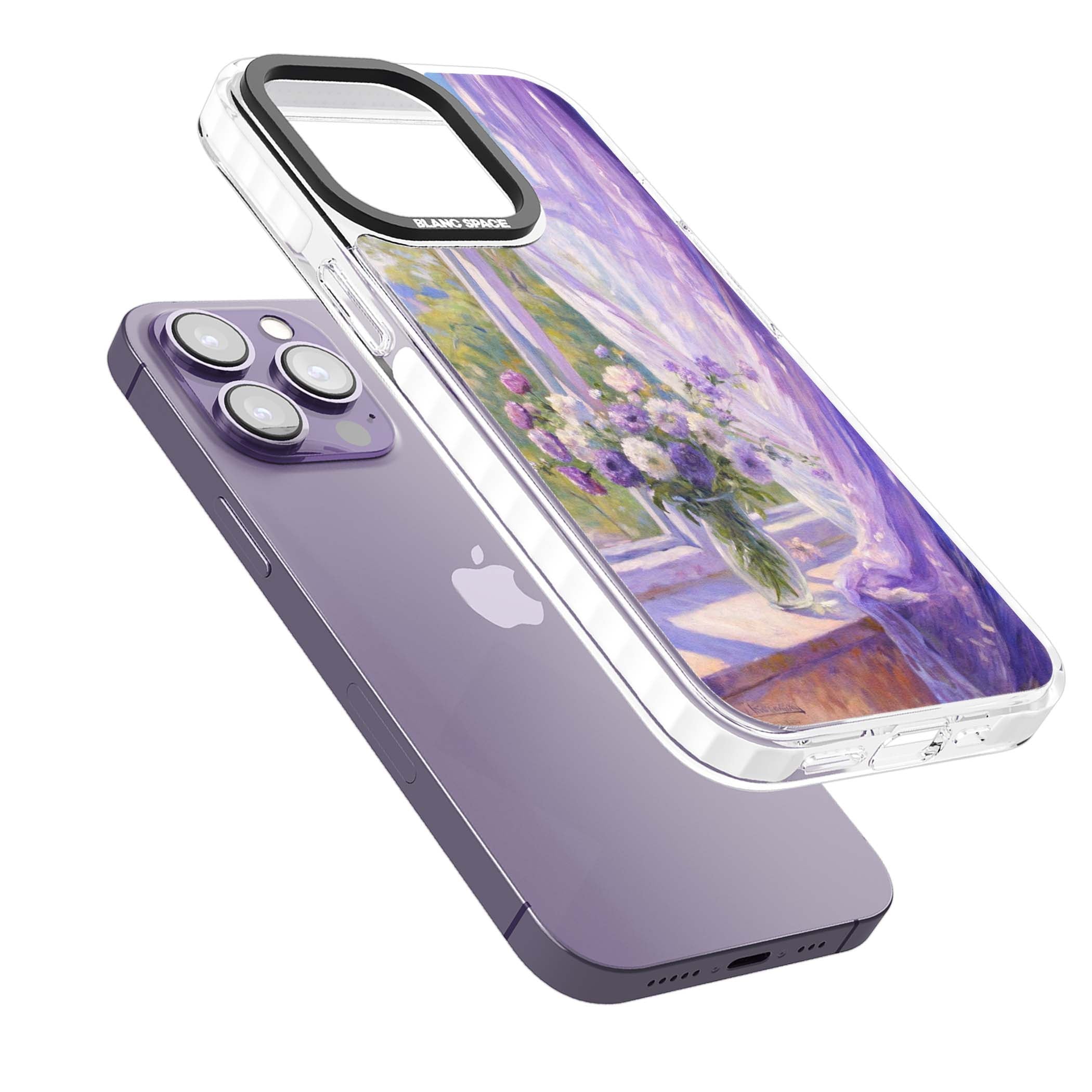 A Provence Morning impressionist art iPhone case featuring a vase of purple flowers, sunlit window and sheer curt | Impact Magsafe case for iPhone 13 Pro, iPhone 14 Pro, iPhone 15 Pro