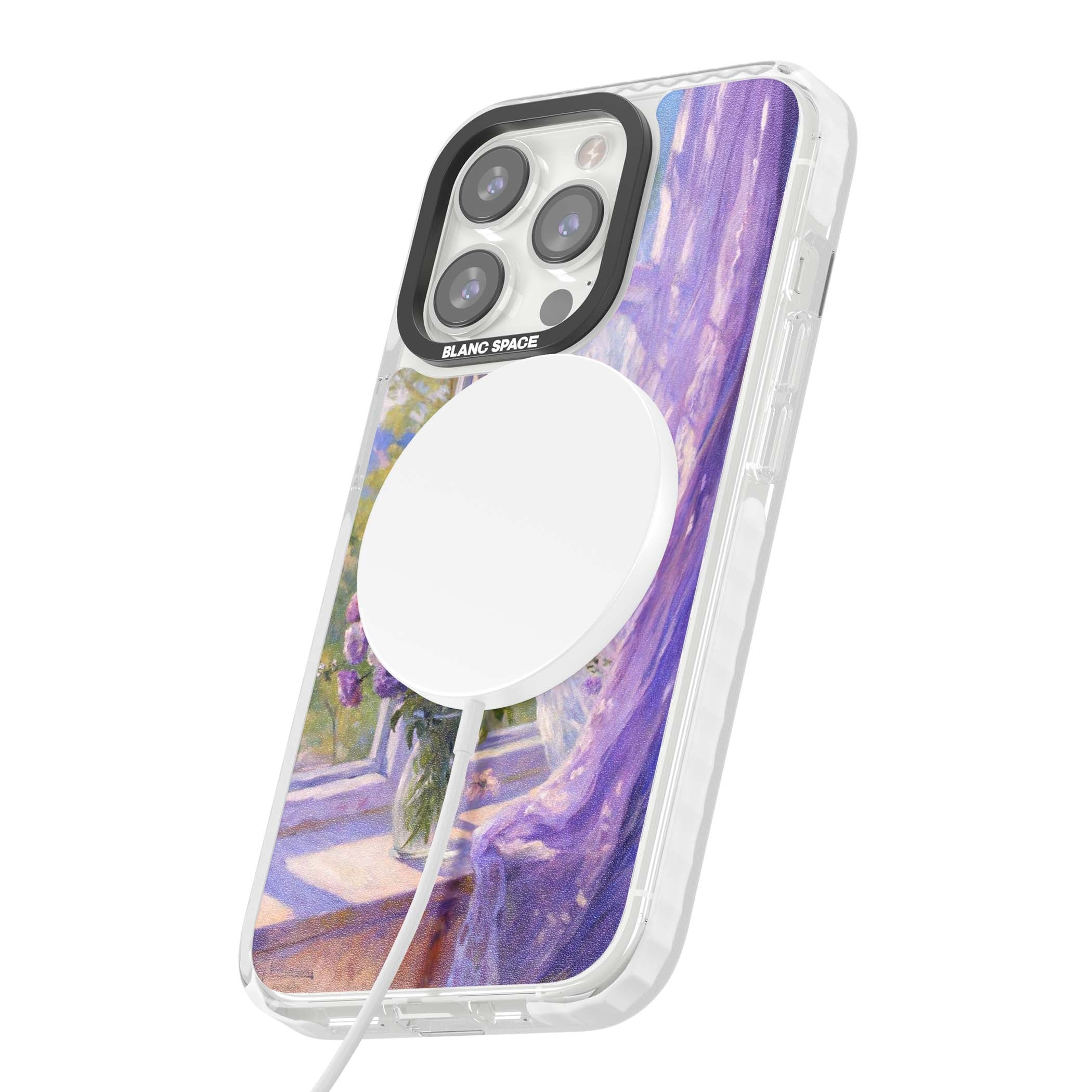 A Provence Morning impressionist art iPhone case featuring a vase of purple flowers, sunlit window and sheer curt | Impact Magsafe case for iPhone 13 Pro, iPhone 14 Pro, iPhone 15 Pro