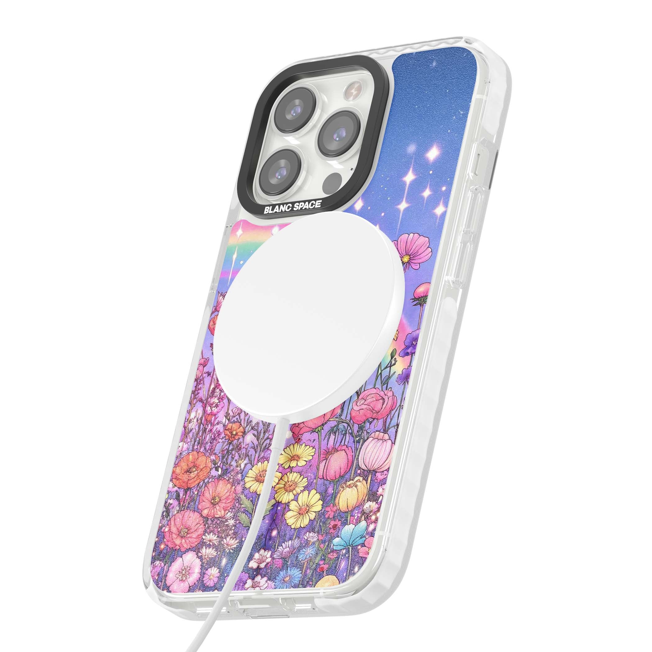 Magical Meadow fairycore iPhone case featuring a pastel rainbow, sparkling stars and a wildflower meadow | Impact Magsafe case for iPhone 13 Pro, iPhone 14 Pro, iPhone 15 Pro