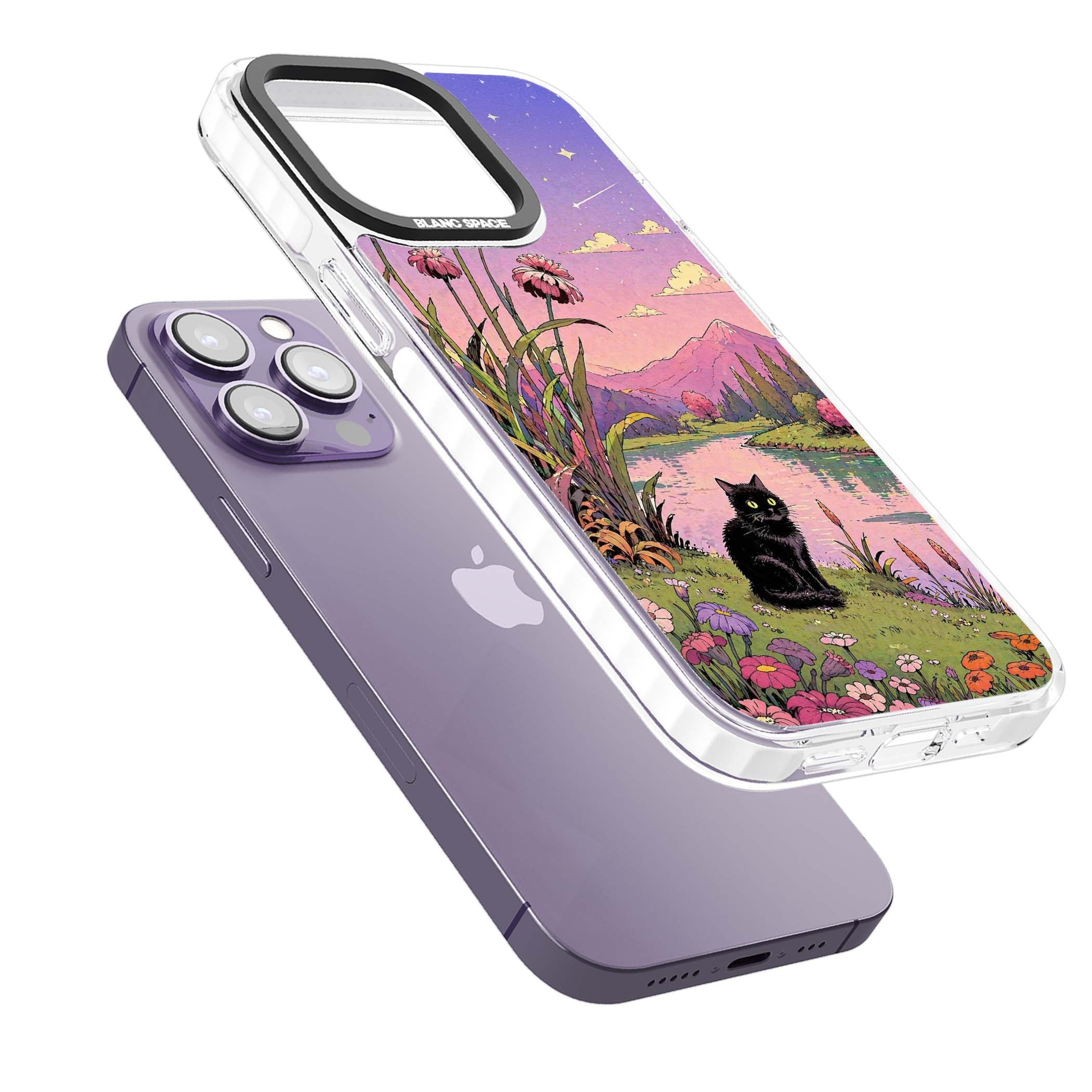 Mystic Whiskers ghibli iPhone case featuring a black cat by a pastel lake, wildflowers and a starry sunset sky | Impact Magsafe case for iPhone 13 Pro, iPhone 14 Pro, iPhone 15 Pro