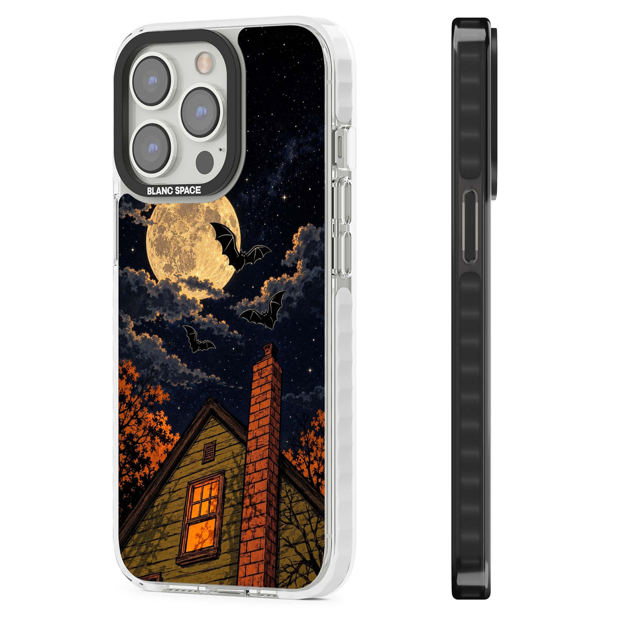 Hollows Eve Halloween iPhone case featuring a haunted house, full moon and flying bats against a starry autumn sky | Impact Magsafe case for iPhone 13 Pro, iPhone 14 Pro, iPhone 15 Pro