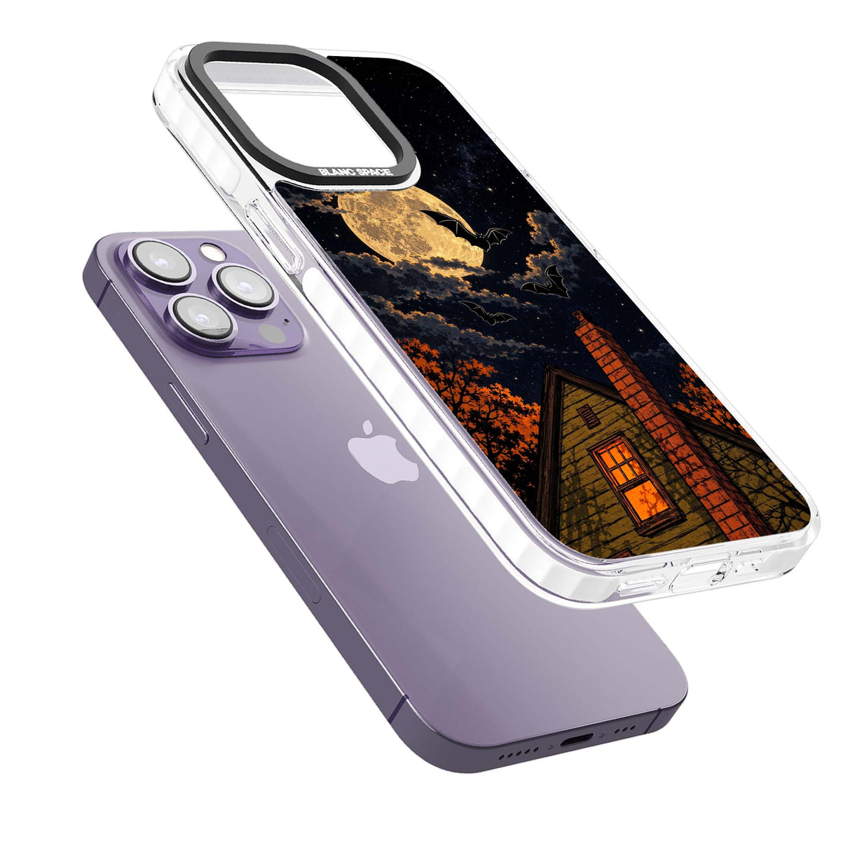 Hollows Eve Halloween iPhone case featuring a haunted house, full moon and flying bats against a starry autumn sky | Impact Magsafe case for iPhone 13 Pro, iPhone 14 Pro, iPhone 15 Pro