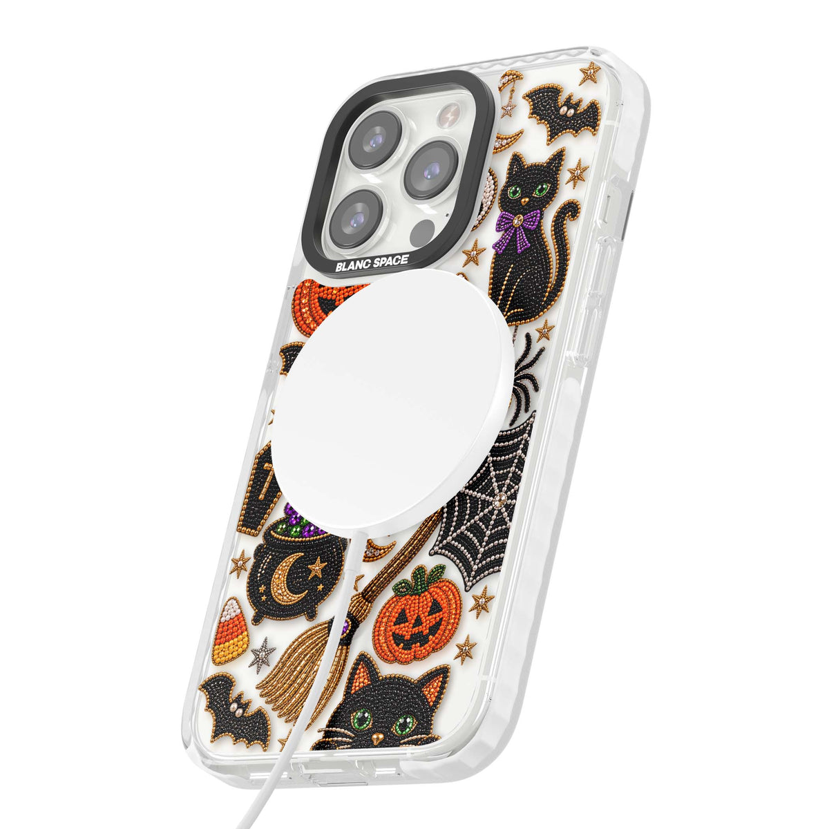 Beaded Halloween Halloween iPhone case featuring beaded pumpkins, ghosts, black cats and bats | Impact Magsafe case for iPhone 13 Pro, iPhone 14 Pro, iPhone 15 Pro