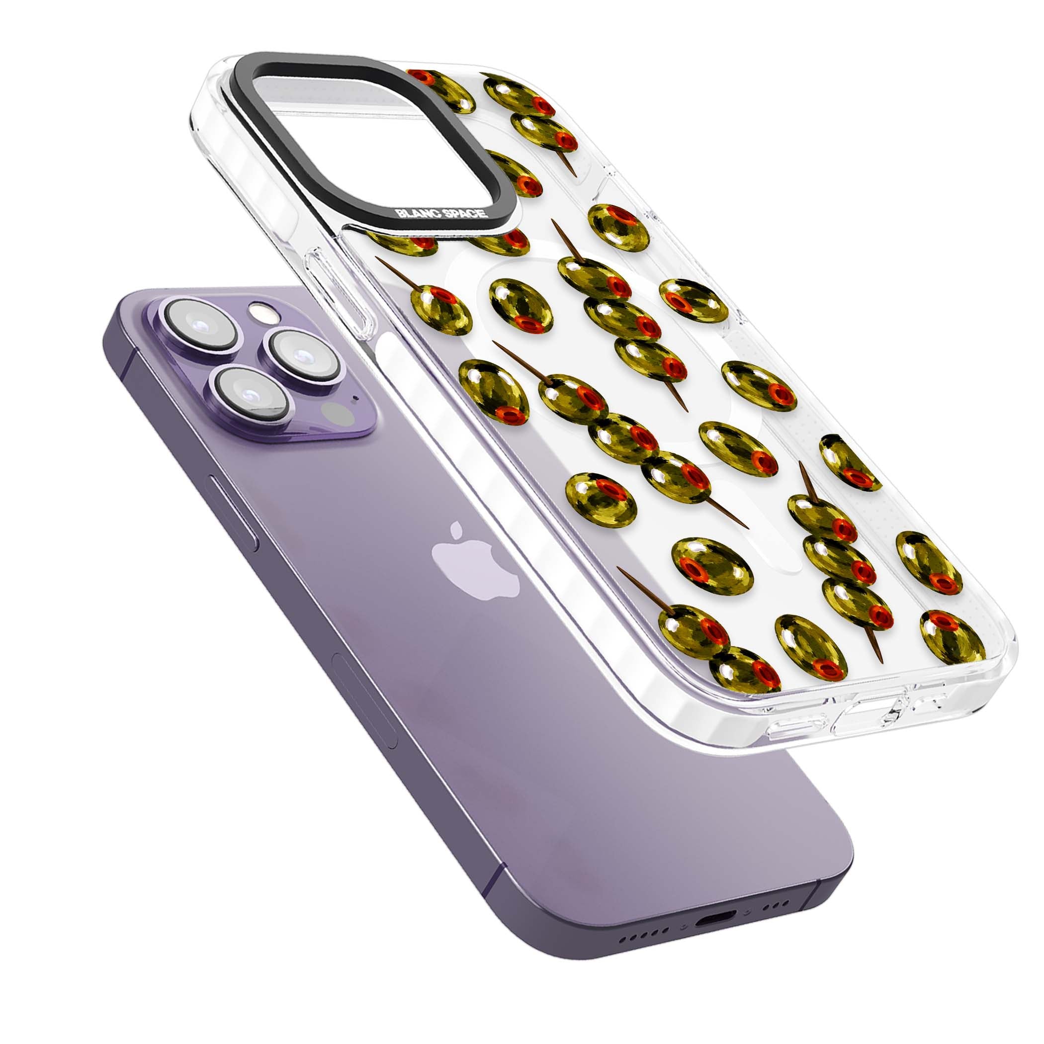 Painted Olives cocktail iPhone case featuring green olives, pimento centres and toothpick skewers on a clear background | Impact Magsafe case for iPhone 13 Pro, iPhone 14 Pro, iPhone 15 Pro