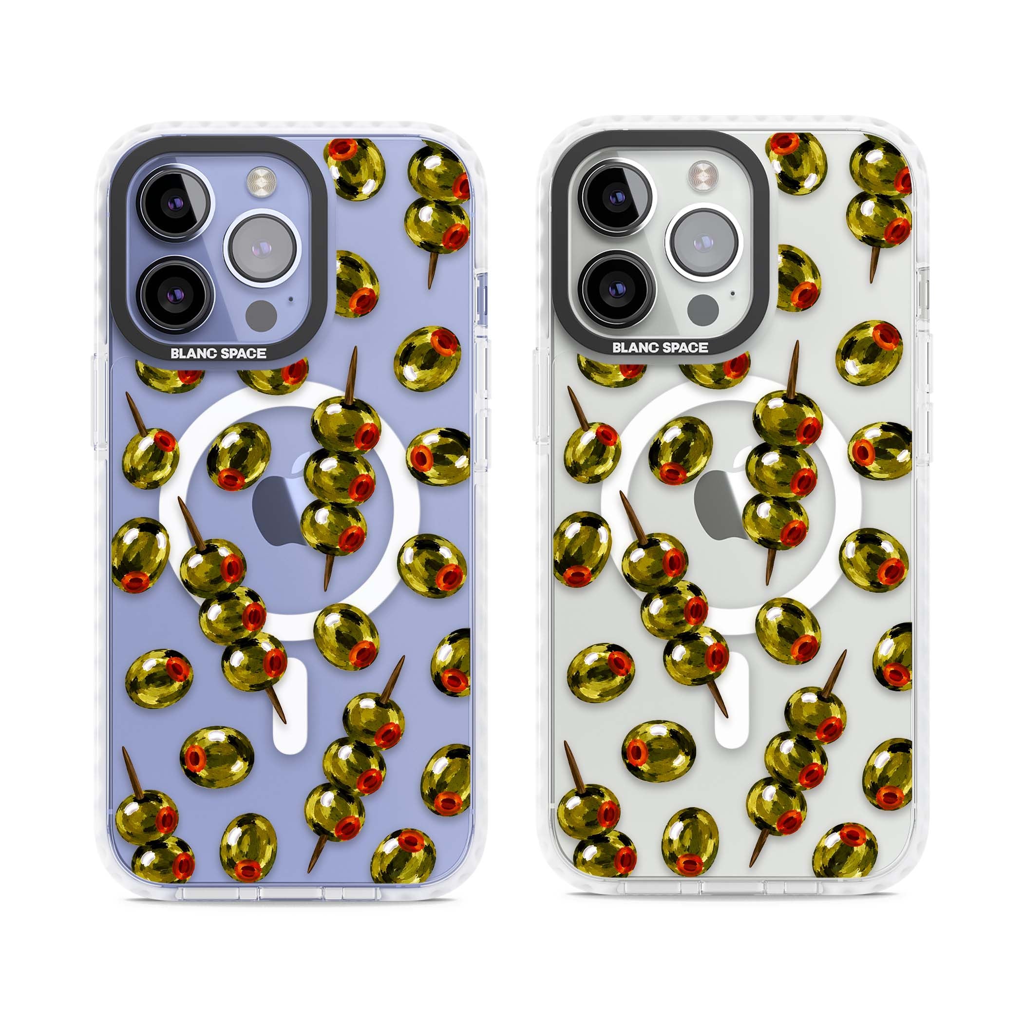 Painted Olives cocktail iPhone case featuring green olives, pimento centres and toothpick skewers on a clear background | Impact Magsafe case for iPhone 13 Pro, iPhone 14 Pro, iPhone 15 Pro